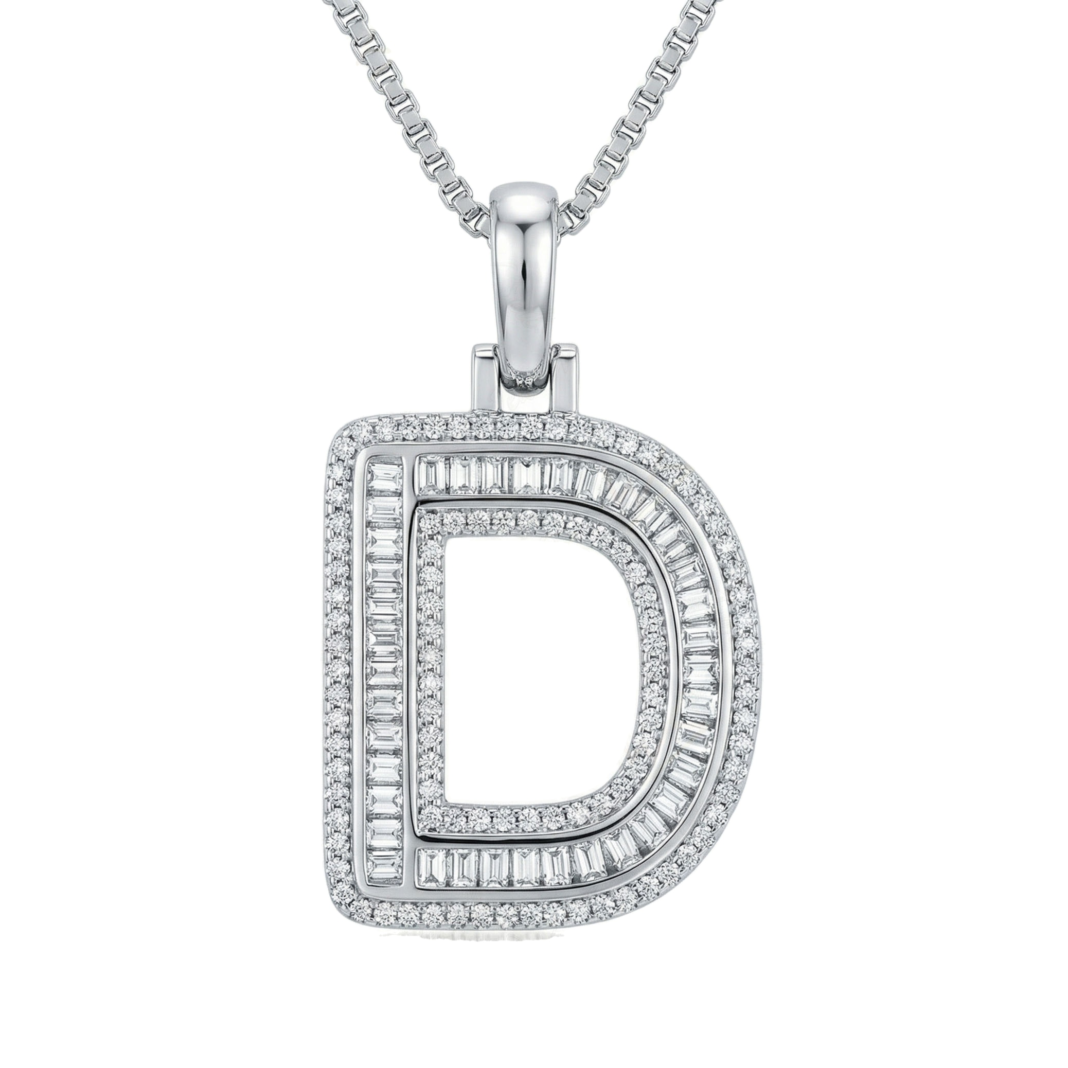 0.80 Ct EF VS Lab Grown Diamond D Micro Border Baguette Initial Pendant in 10k White Gold