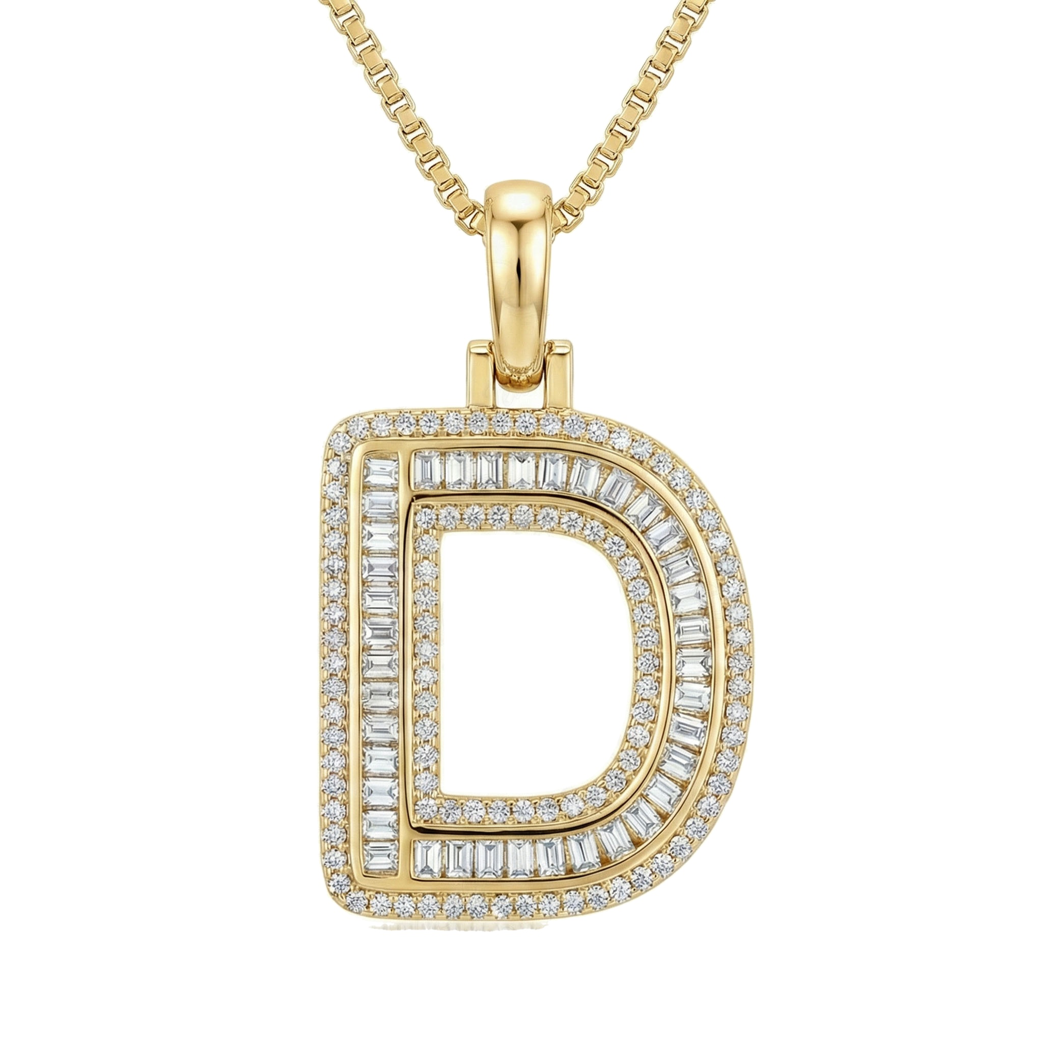 0.80 Ct EF VS Lab Grown Diamond D Micro Border Baguette Initial Pendant in 14k Yellow Gold