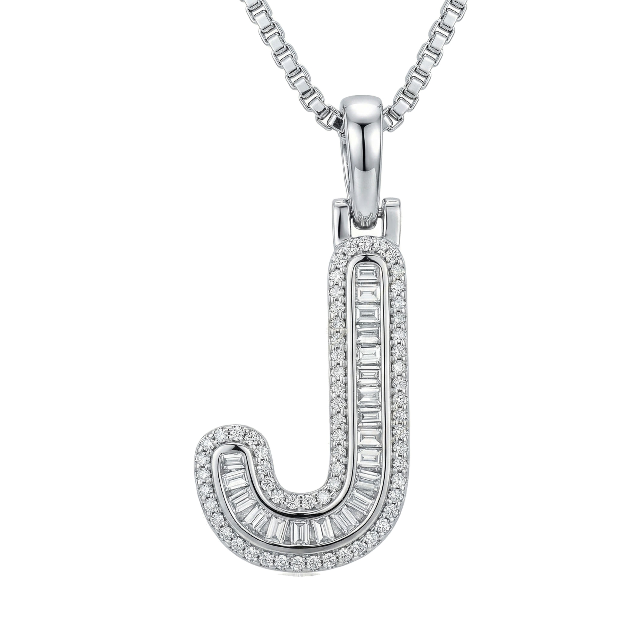 0.45 Ct EF VS Lab Grown Diamond J Micro Border Baguette Initial Pendant in 14k White Gold