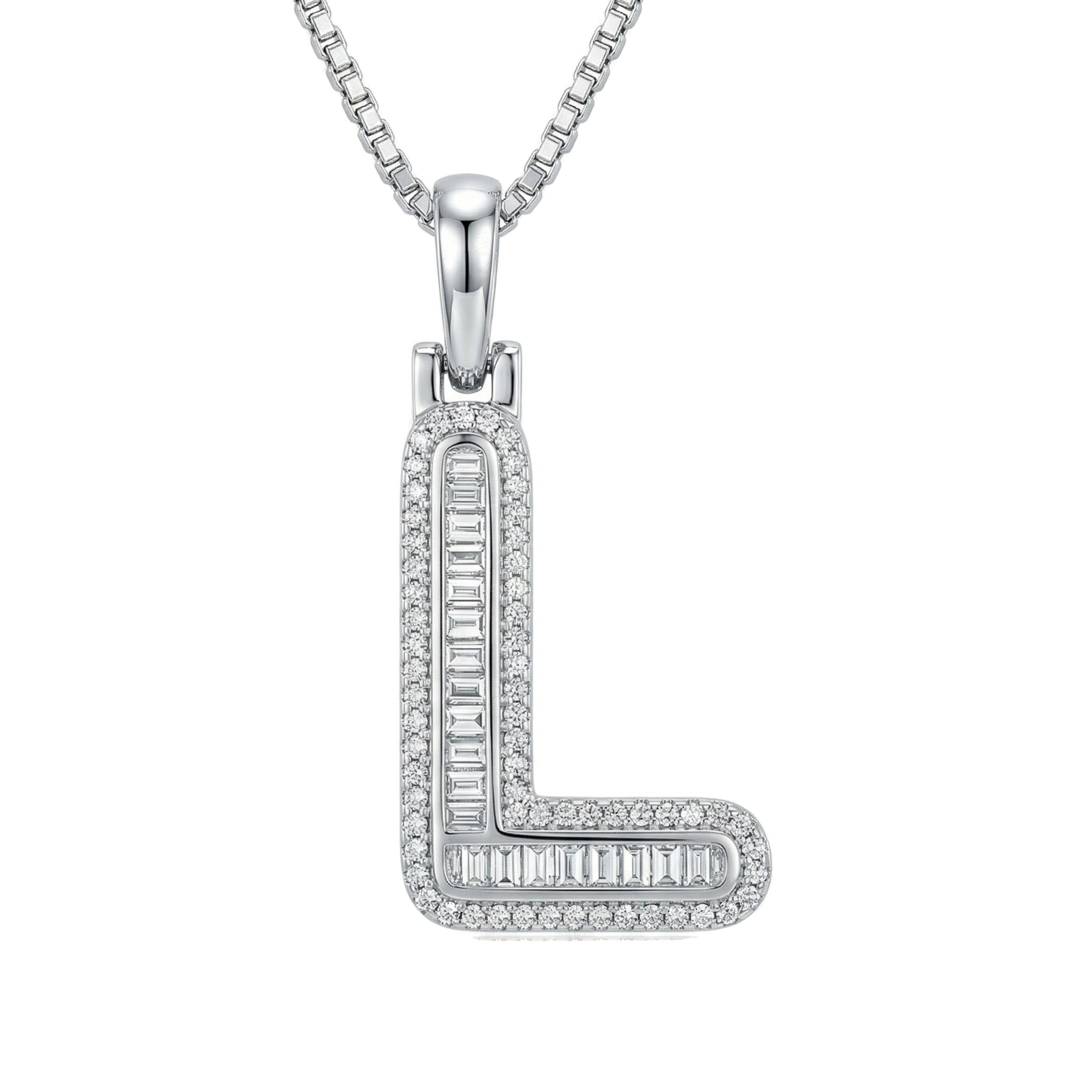 0.45 Ct EF VS Lab Grown Diamond L Micro Border Baguette Initial Pendant in 10k White Gold