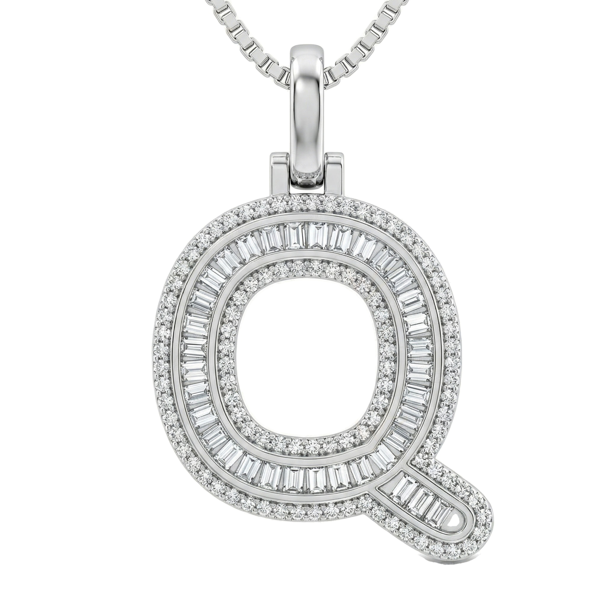 0.75 Ct EF VS Lab Grown Diamond Q Micro Border Baguette Initial Pendant in 10k White Gold