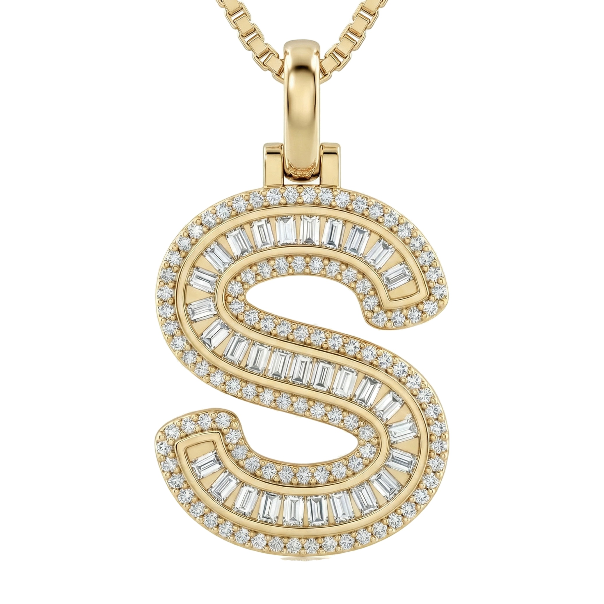 0.70 Ct EF VS Lab Grown Diamond S Micro Border Baguette Initial Pendant in 10k Yellow Gold