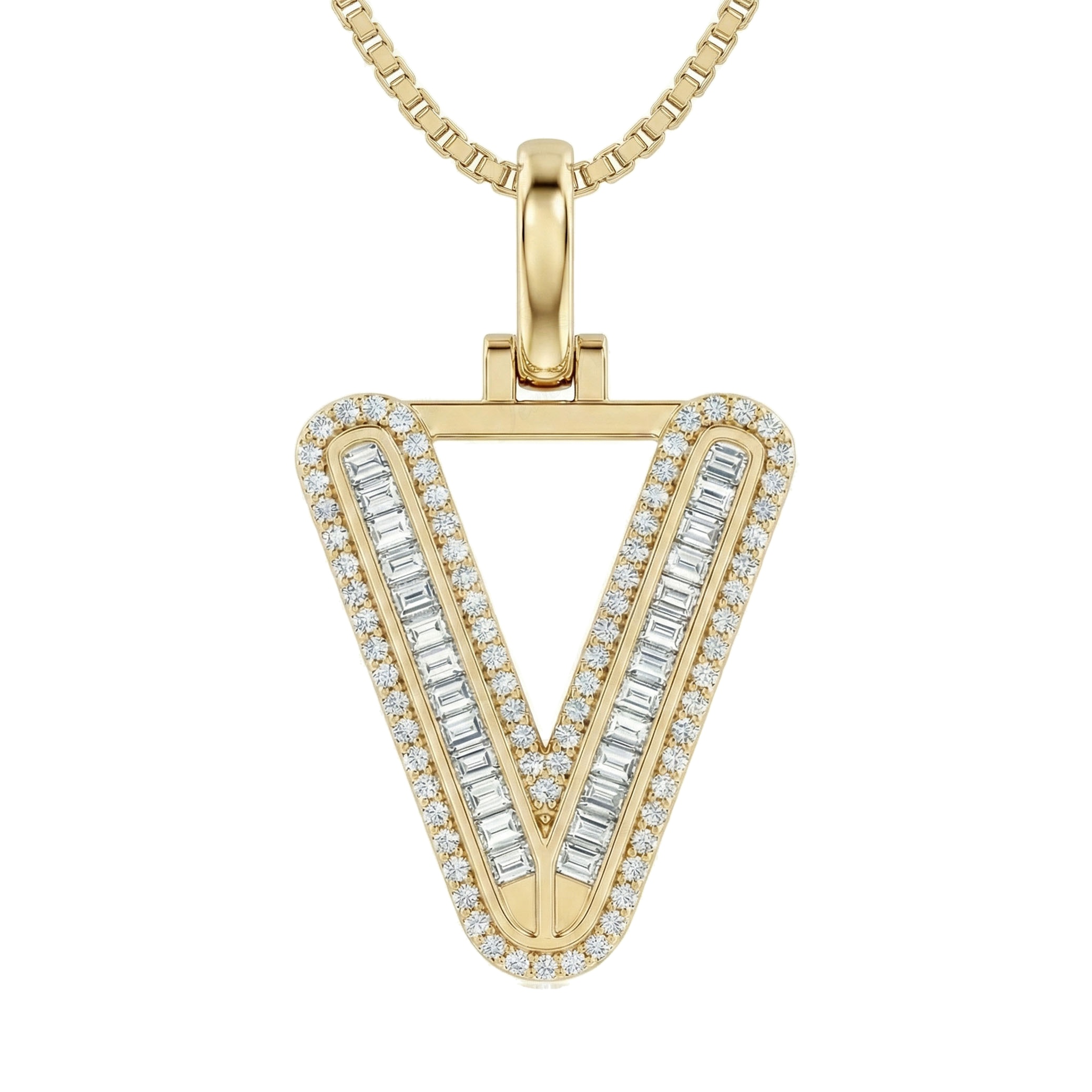 0.55 Ct EF VS Lab Grown Diamond V Micro Border Baguette Initial Pendant in 14k Yellow Gold