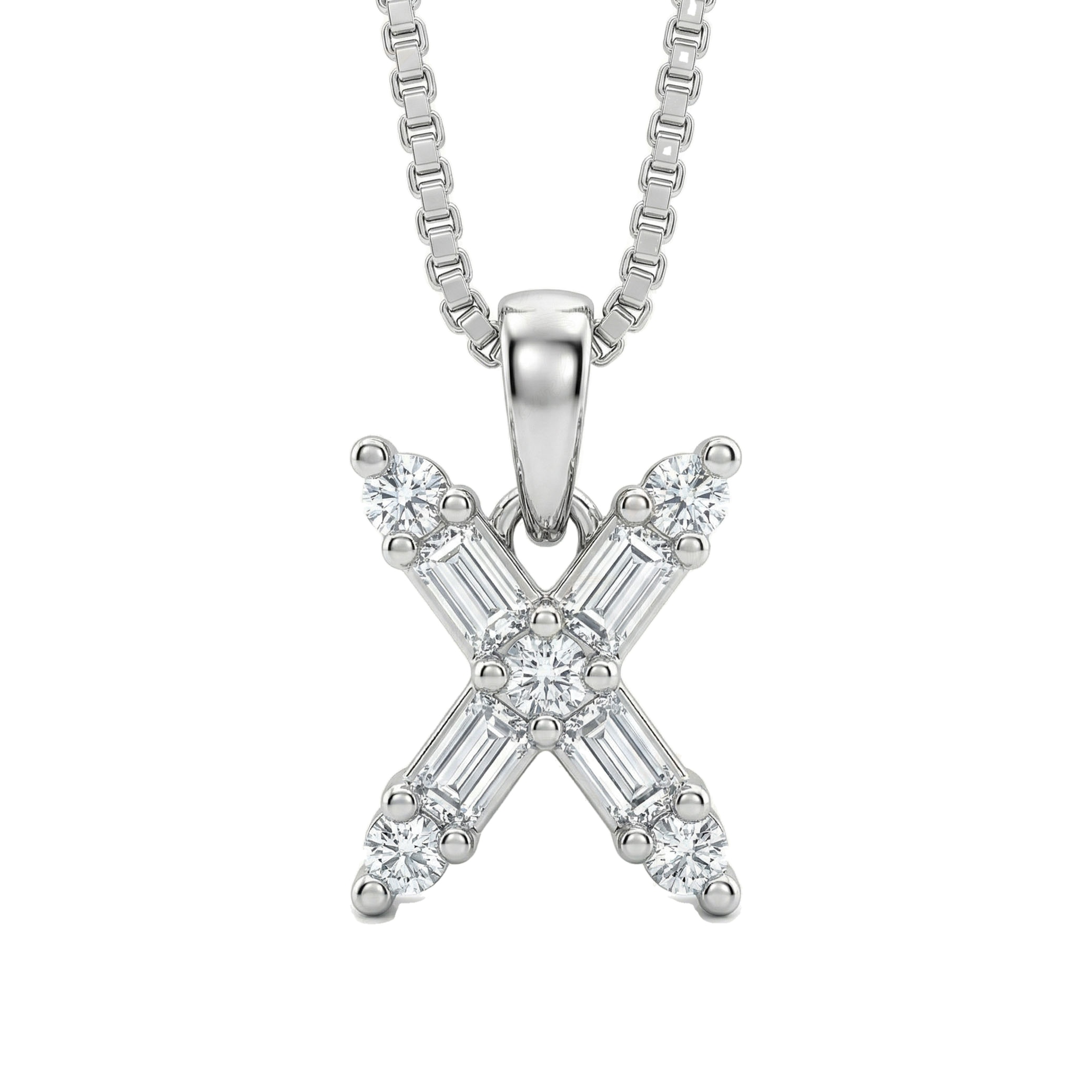 0.60 Ct EF VS Lab Grown Diamond X Micro Border Baguette Initial Pendant in 10k White Gold