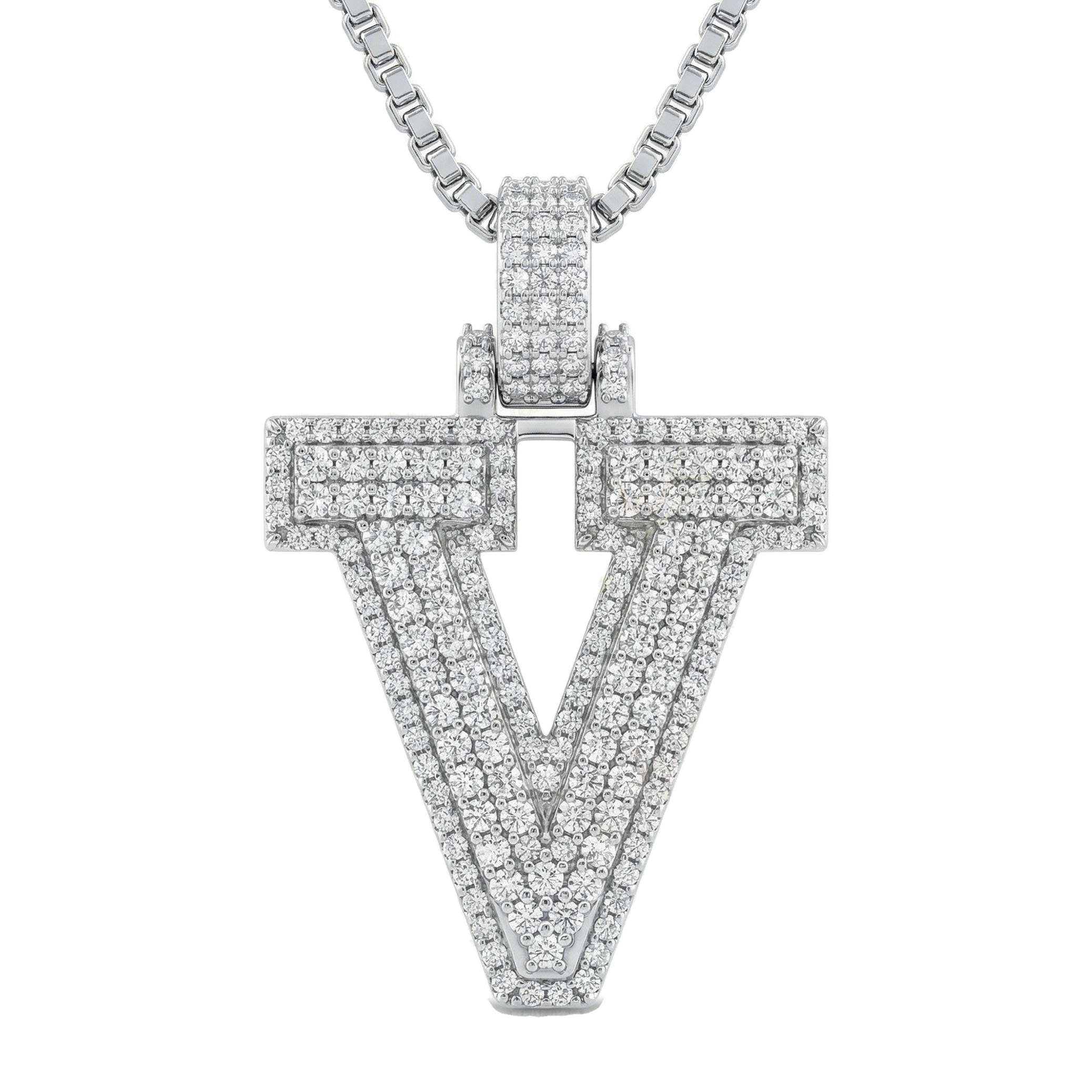 2.75 Ct EF VS Lab Grown Diamond V 2 Layer Pave 3D Initial Pendant in 14k White Gold
