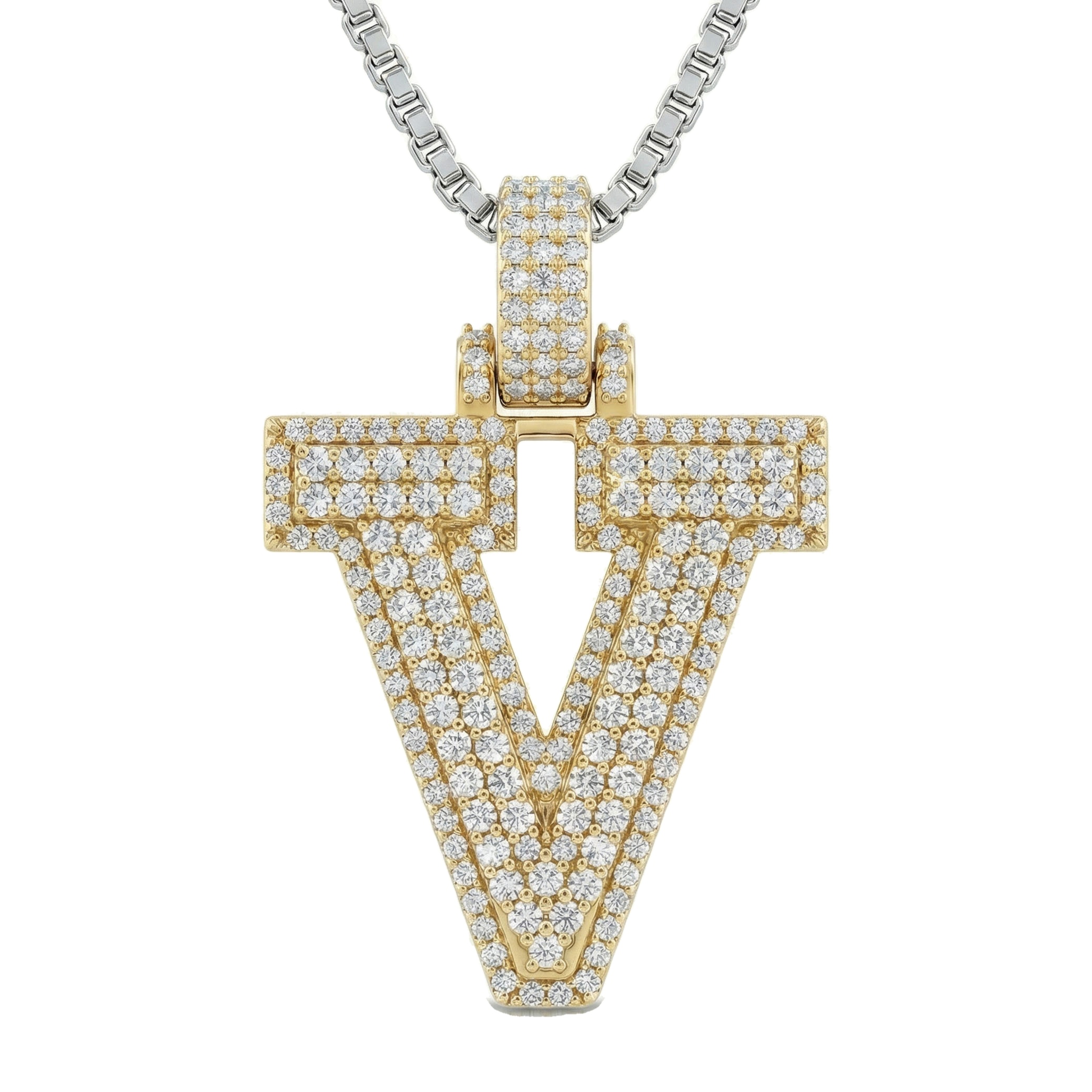 2.75 Ct EF VS Lab Grown Diamond V 2 Layer Pave 3D Initial Pendant in 14k Yellow Gold