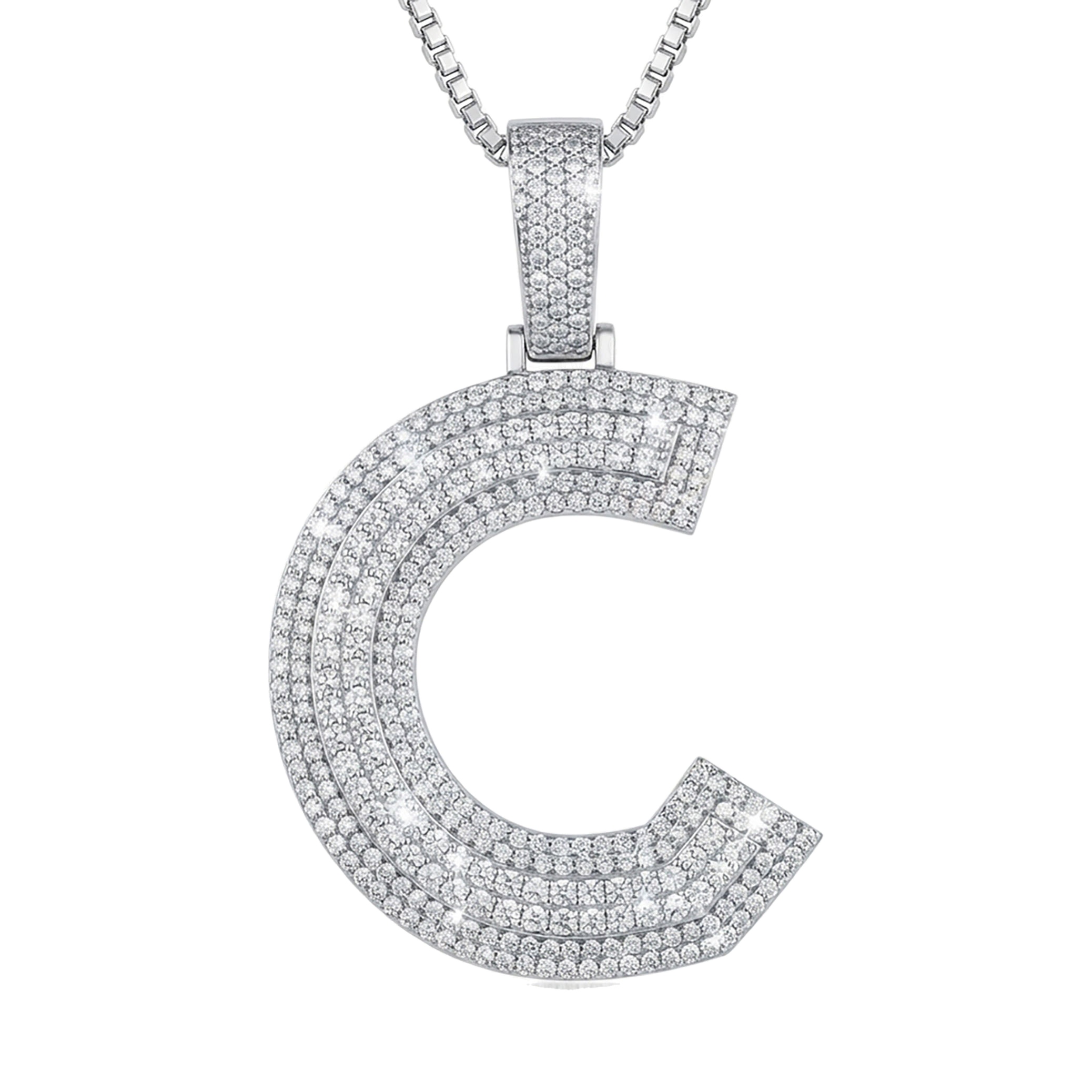 3.40 Ct EF VS Lab Grown Diamond C Double Row 3D Initial Pendant in 10k White Gold