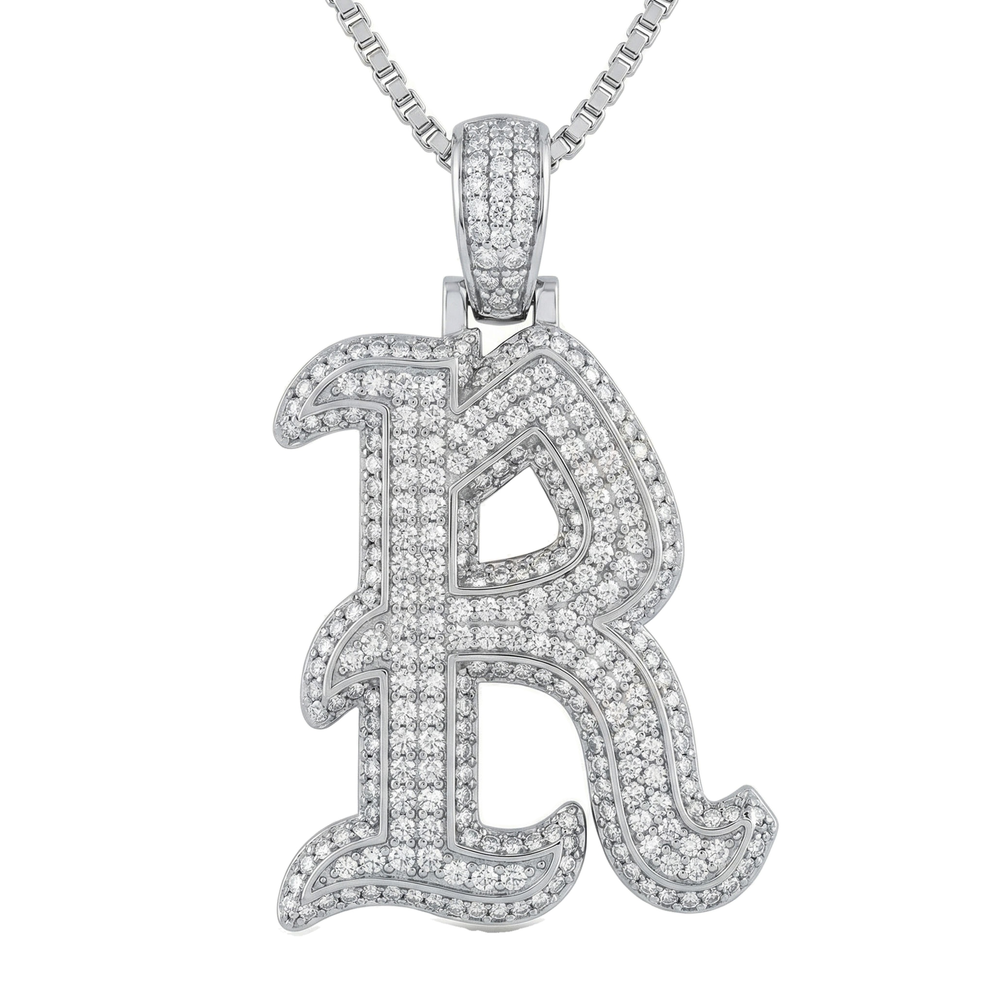 1.55 Ct EF VS Lab Grown Diamond R Old English Initial Pendant in 10k White Gold