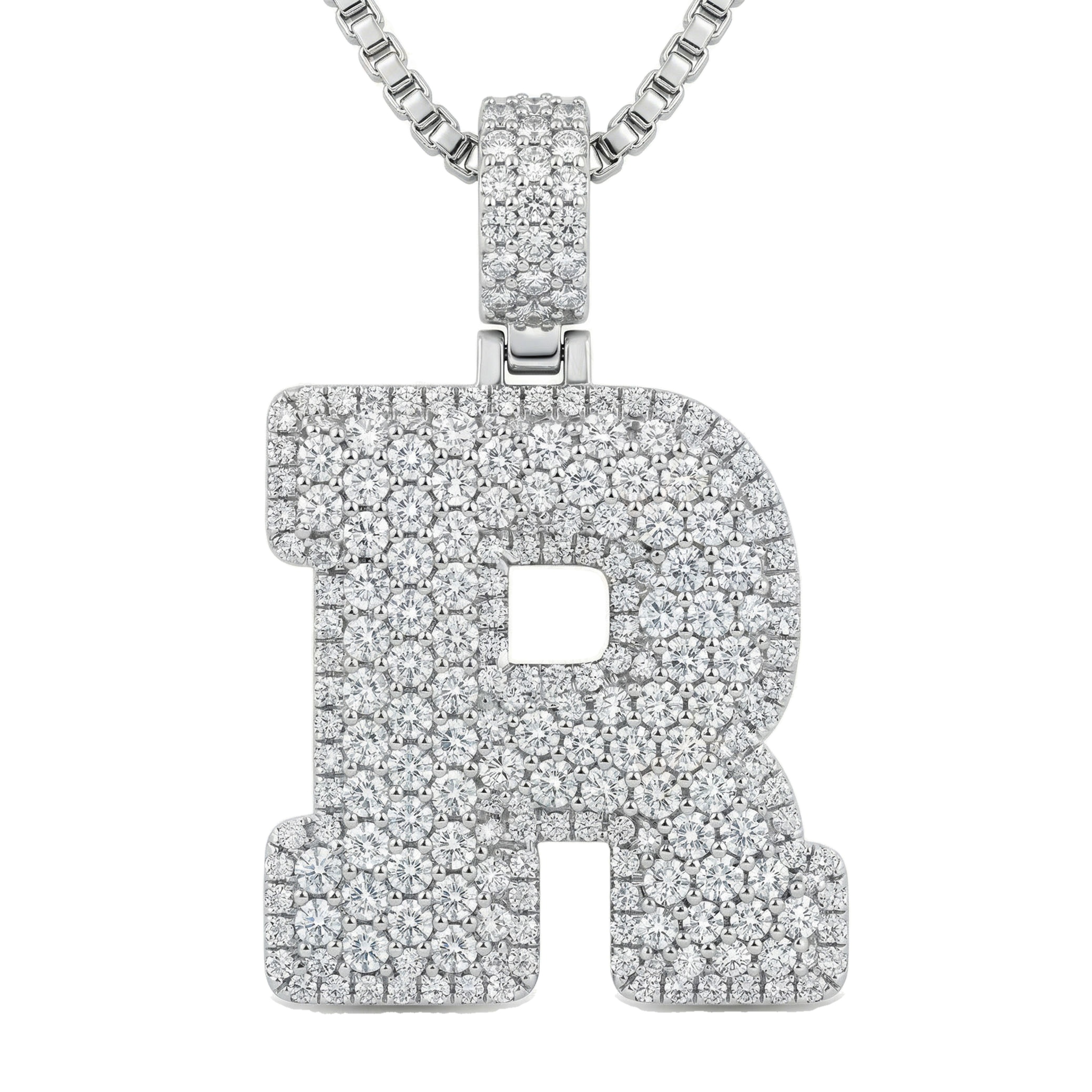 7.70 Ct EF VS Lab Grown Diamond R Micropave Filled Initial Pendant in 14k White Gold