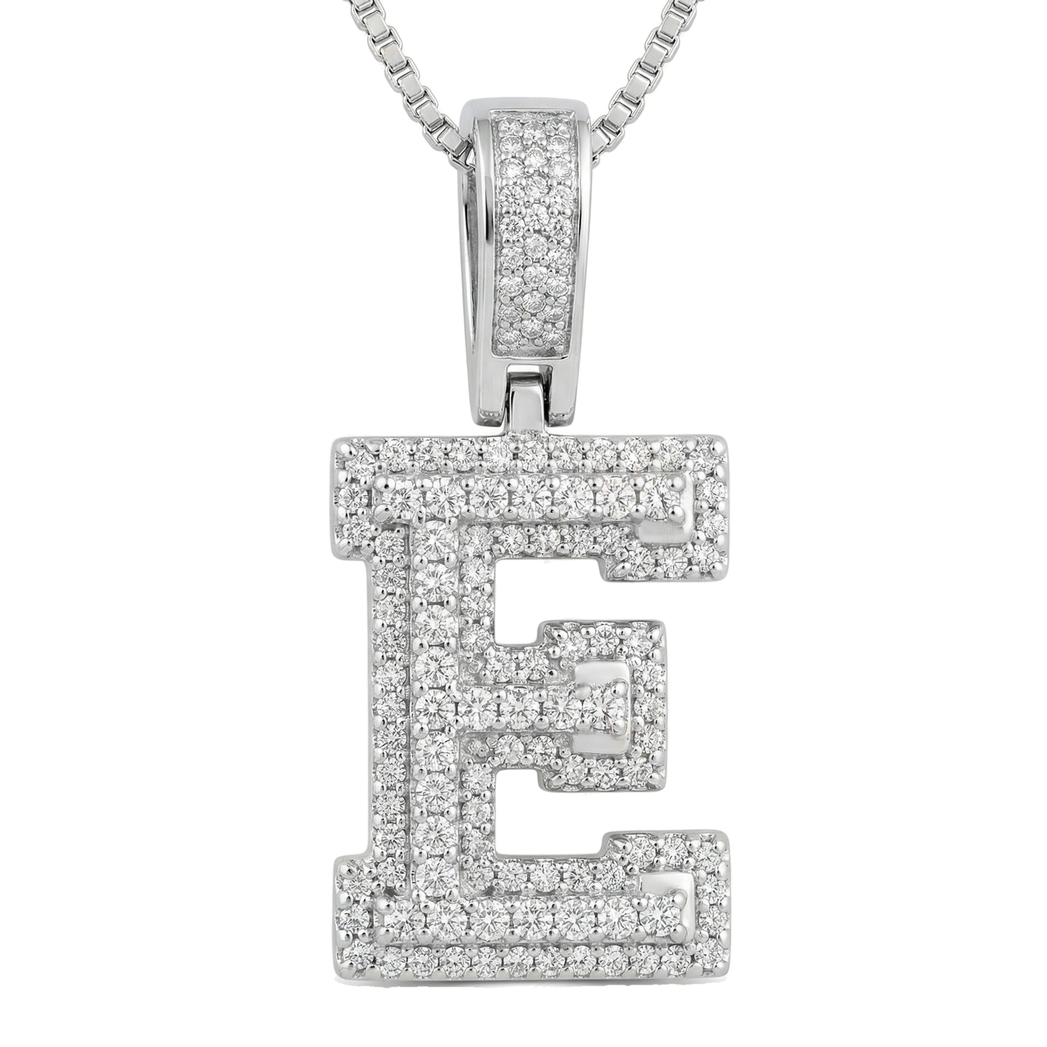 0.90 Ct EF VS Lab Grown Diamond E Micropave Varsity Initial Pendant in 10k White Gold