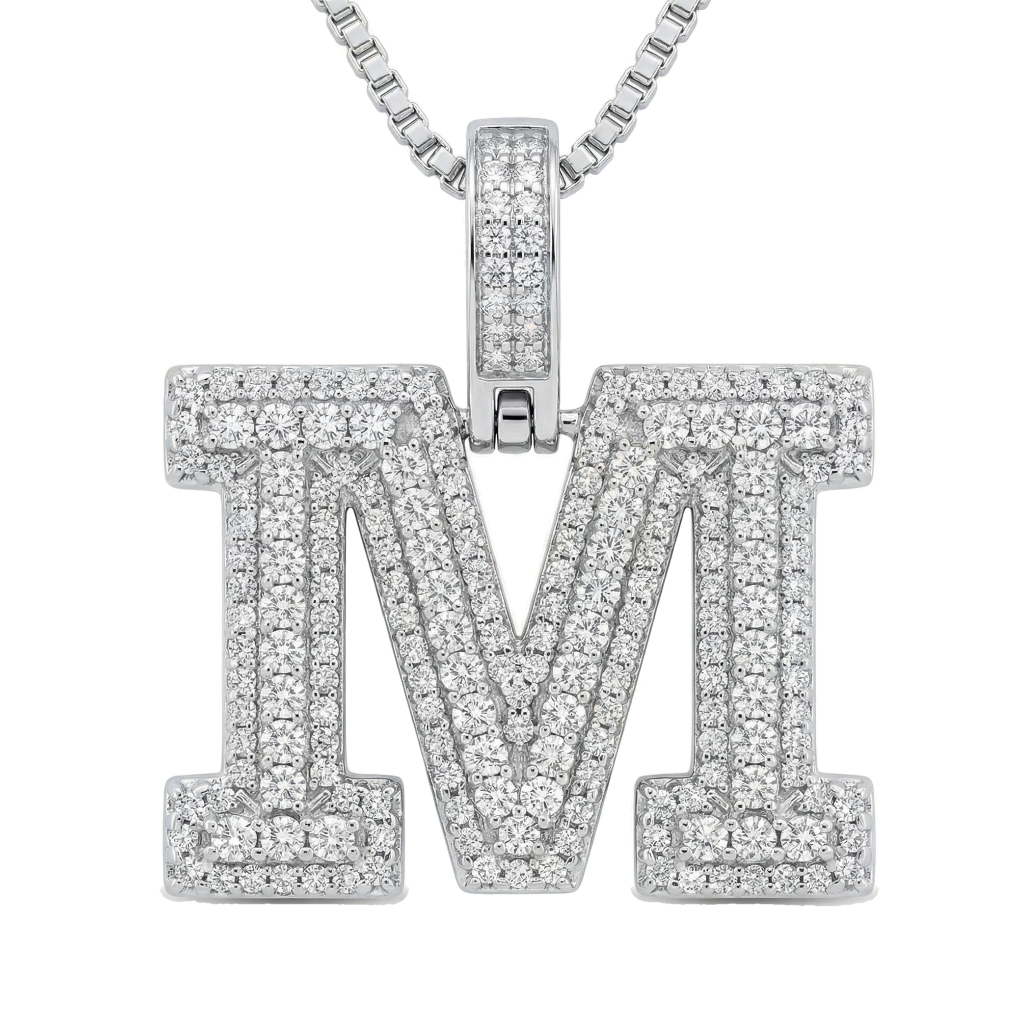 1.60 Ct EF VS Lab Grown Diamond M Micropave Varsity Initial Pendant in 14k White Gold