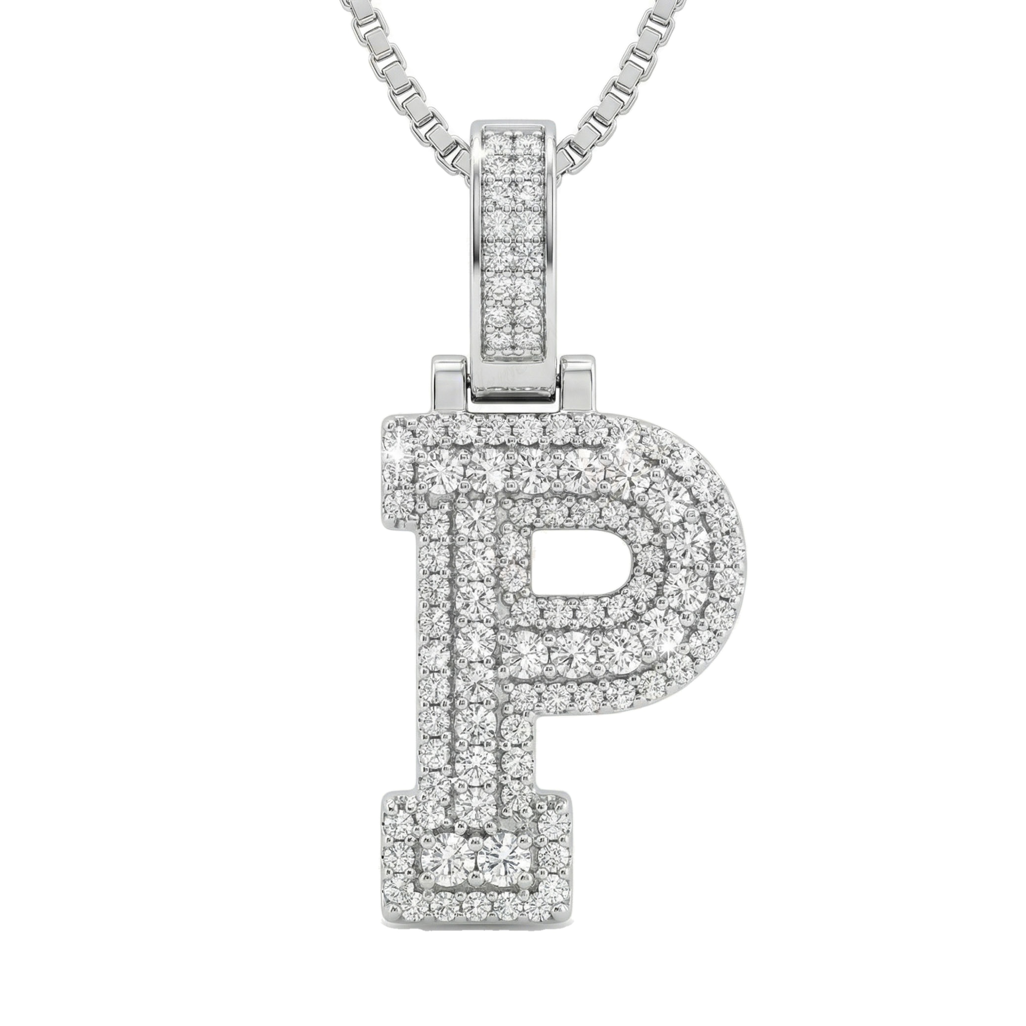 0.85 Ct EF VS Lab Grown Diamond P Micropave Varsity Initial Pendant in 14k White Gold