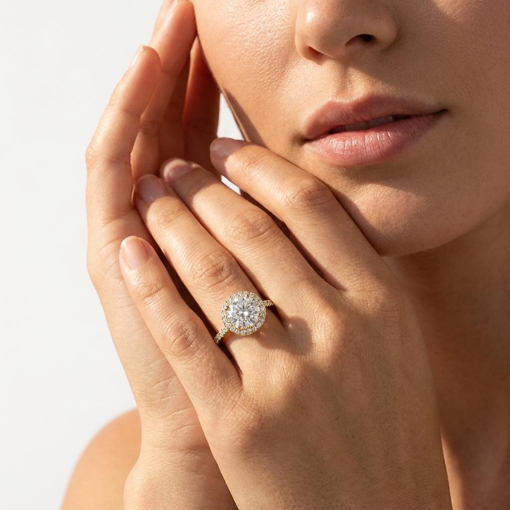 View 1.75 to 5.75 Carat Round Lab Grown Diamond Halo Engagement Ring in 14K Gold