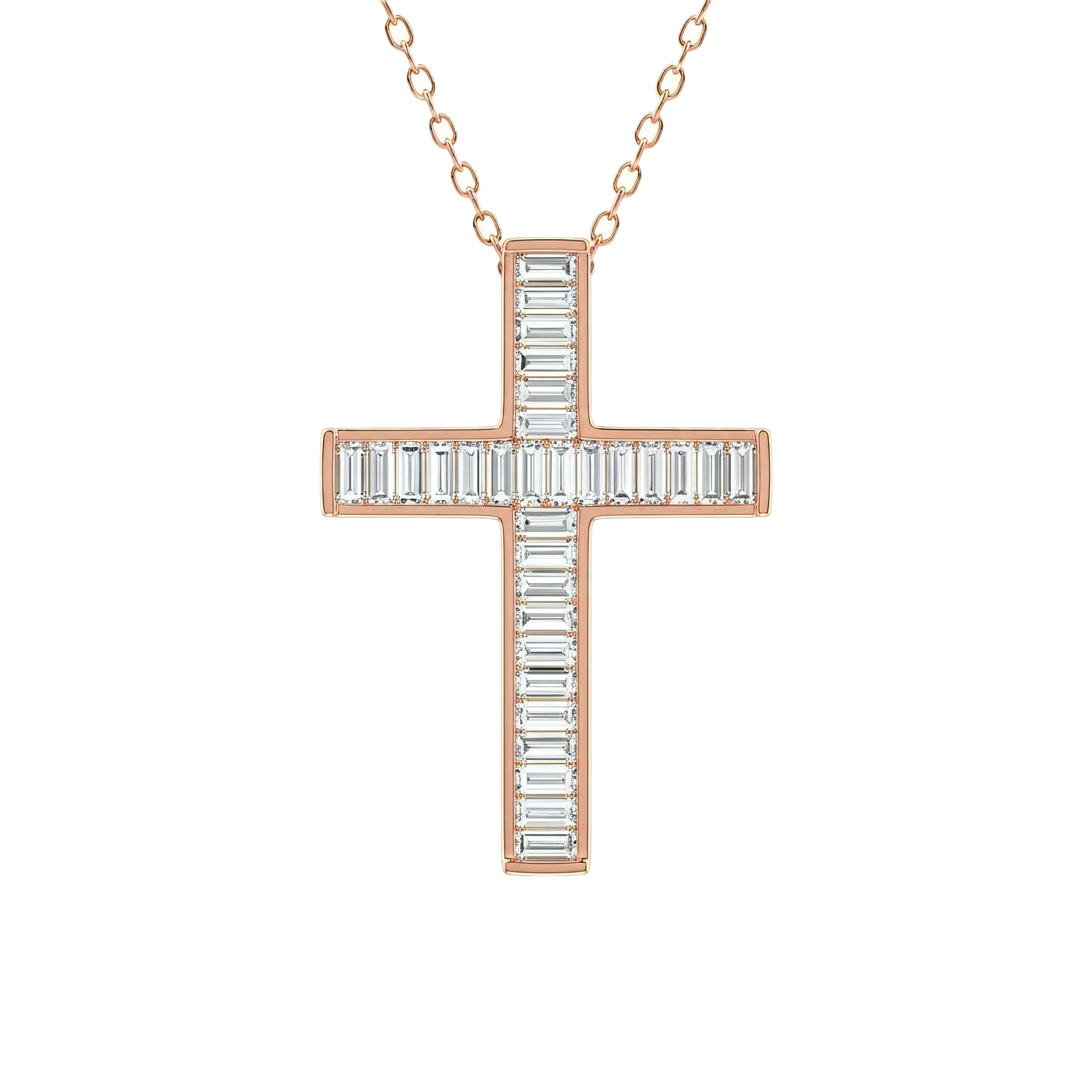 View 1 to 3 Carat Baguette Lab Grown Diamond Channel-Set Cross Pendant in 14K Gold