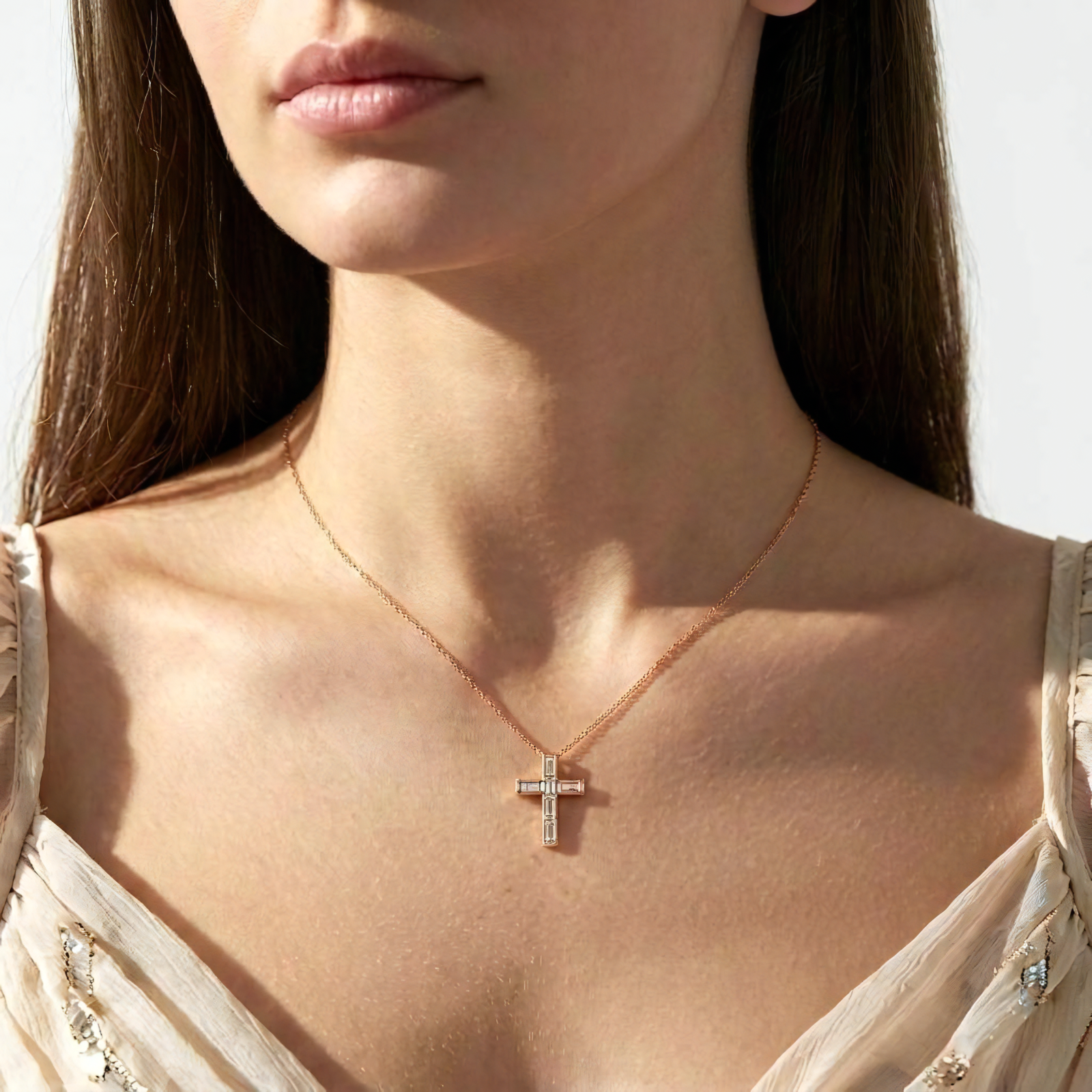 View 1 to 3 Carat Baguette Lab Grown Diamond Channel-Set Cross Pendant in 14K Gold