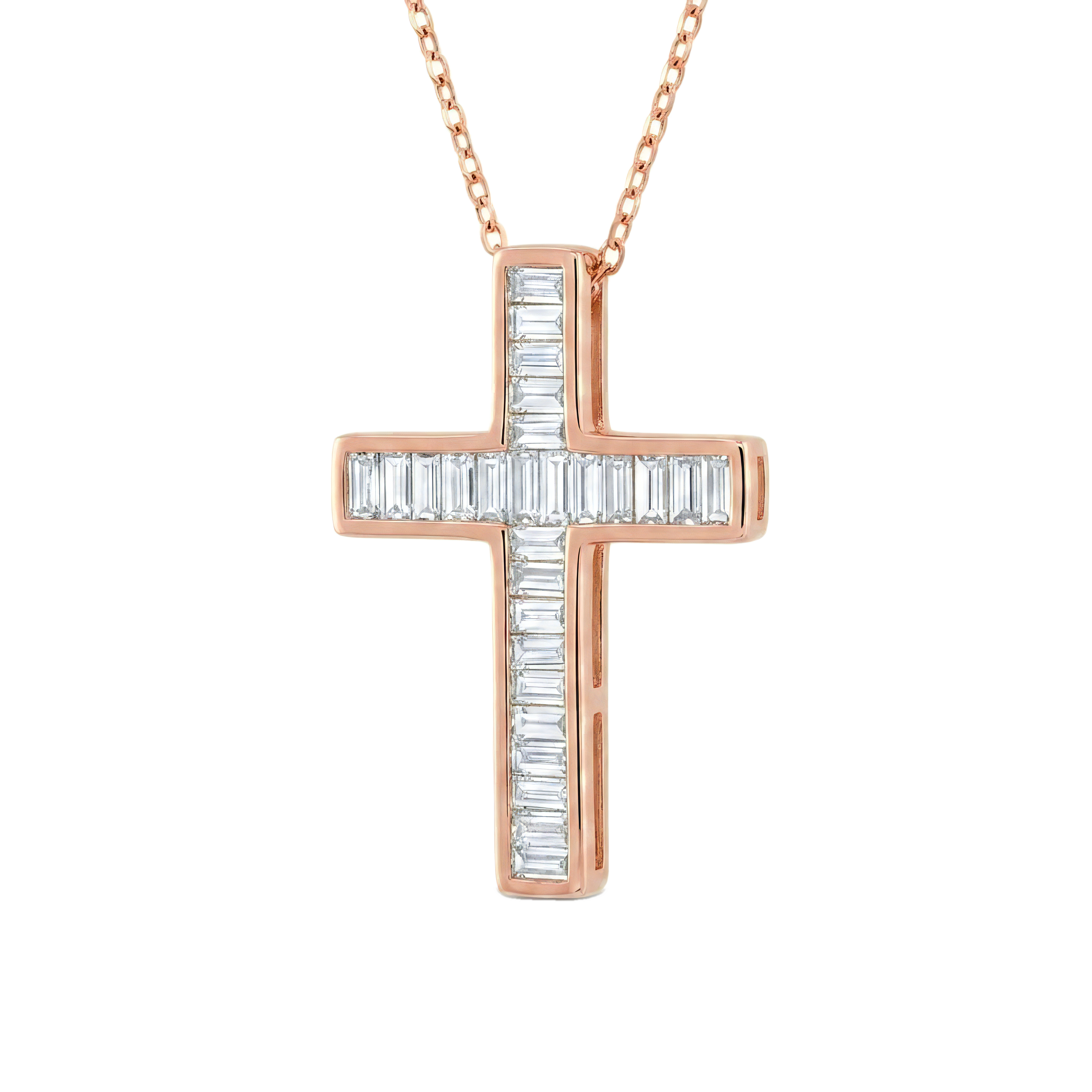 View 1 to 3 Carat Baguette Lab Grown Diamond Channel-Set Cross Pendant in 14K Gold