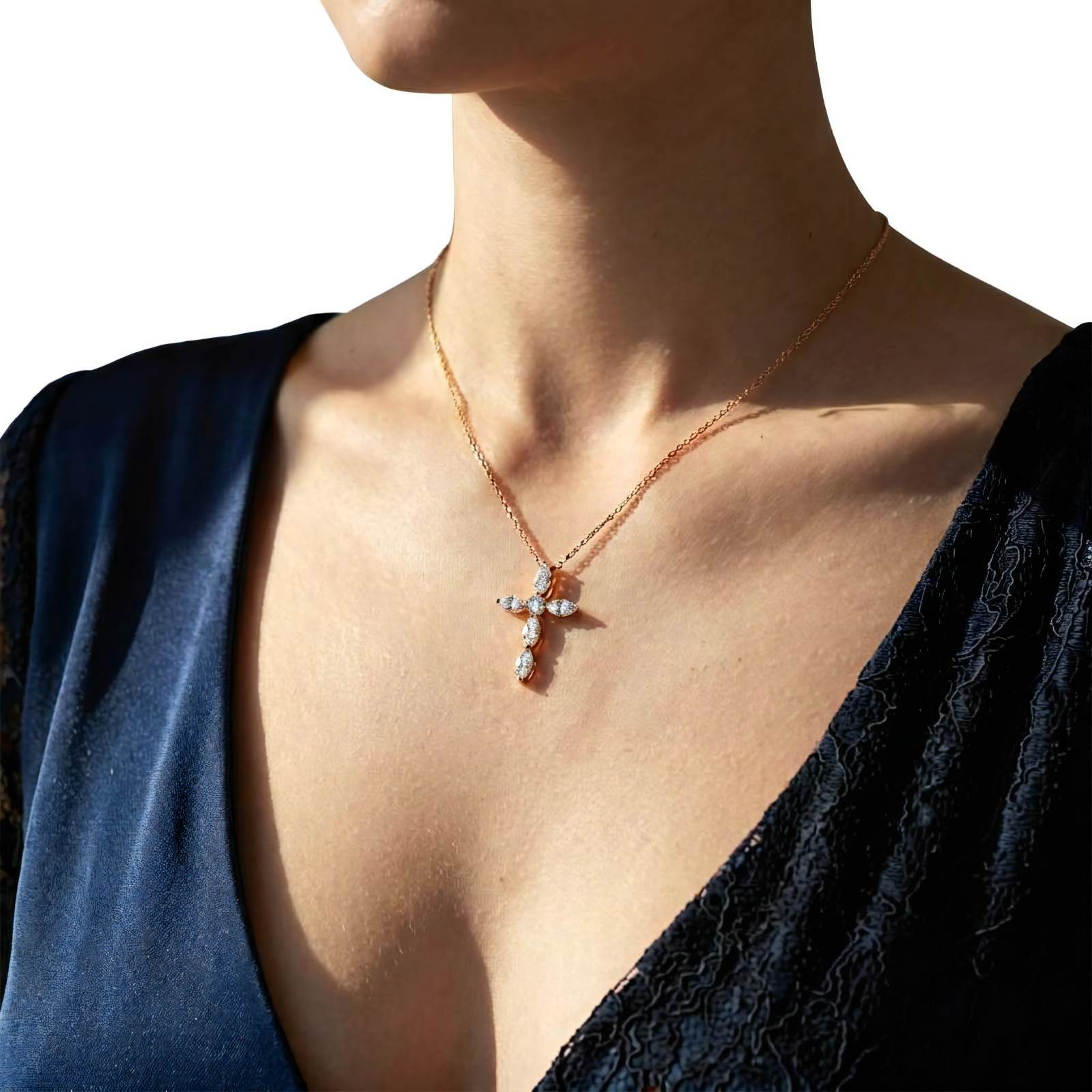 View 1 to 3 Carat Marquise and Round Lab Grown Diamond Cross Pendant in 14K Gold