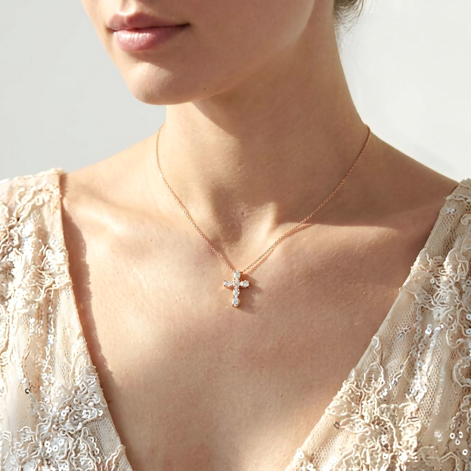 View 1 to 3 Carat Oval Lab Grown Diamond Cross Pendant in 14K Gold