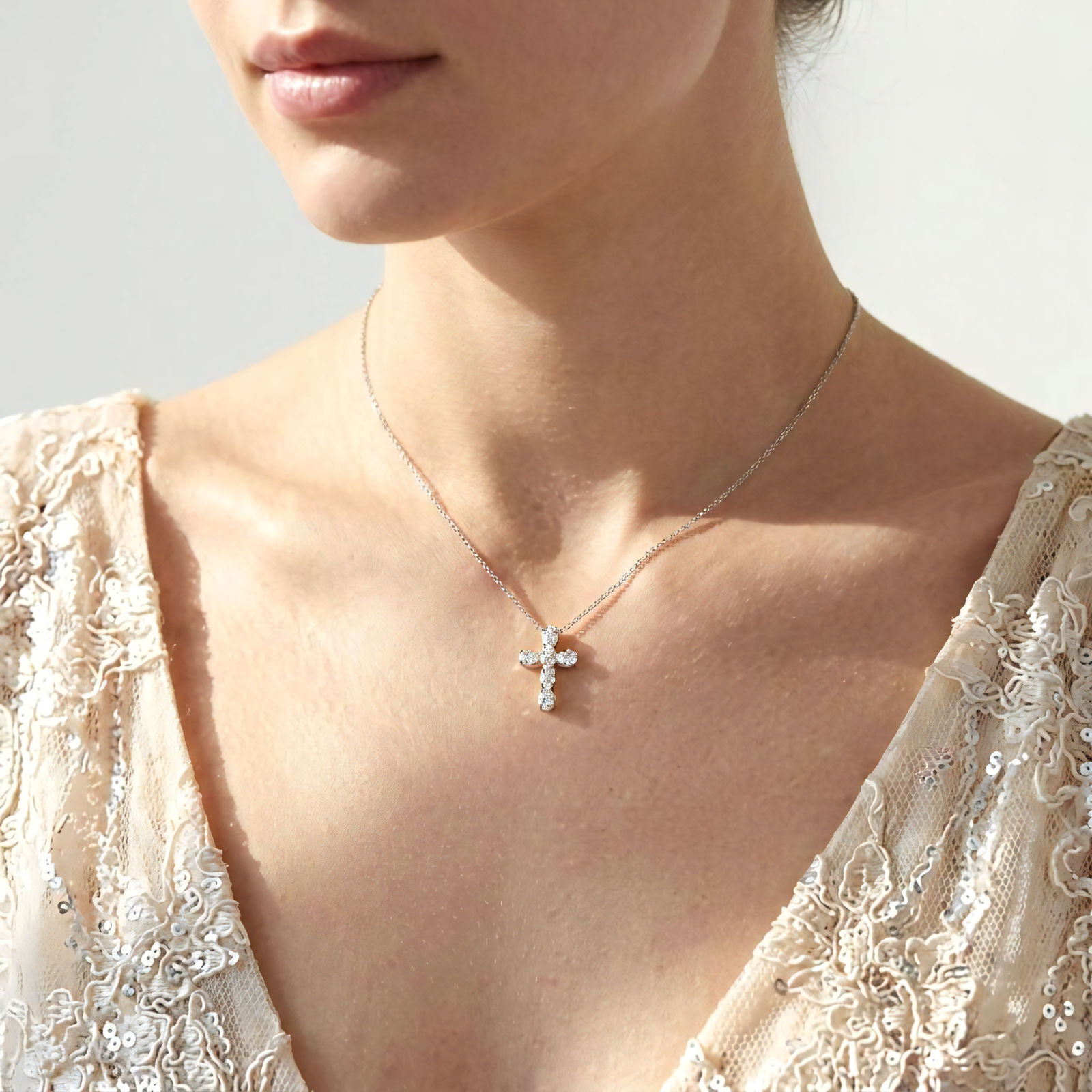 View 1 to 3 Carat Oval Lab Grown Diamond Cross Pendant in 14K Gold