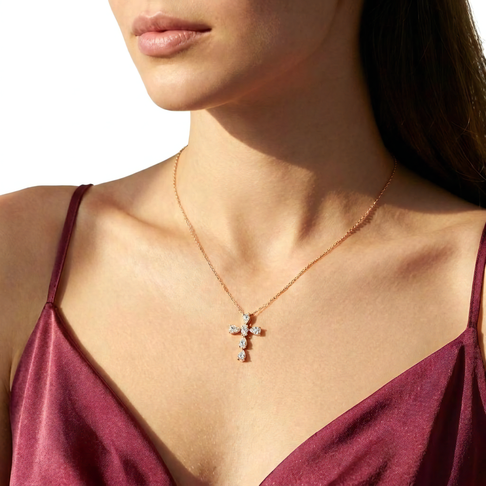 View 1 to 3 Carat Pear Lab Grown Diamond Cross Pendant in 14K Gold