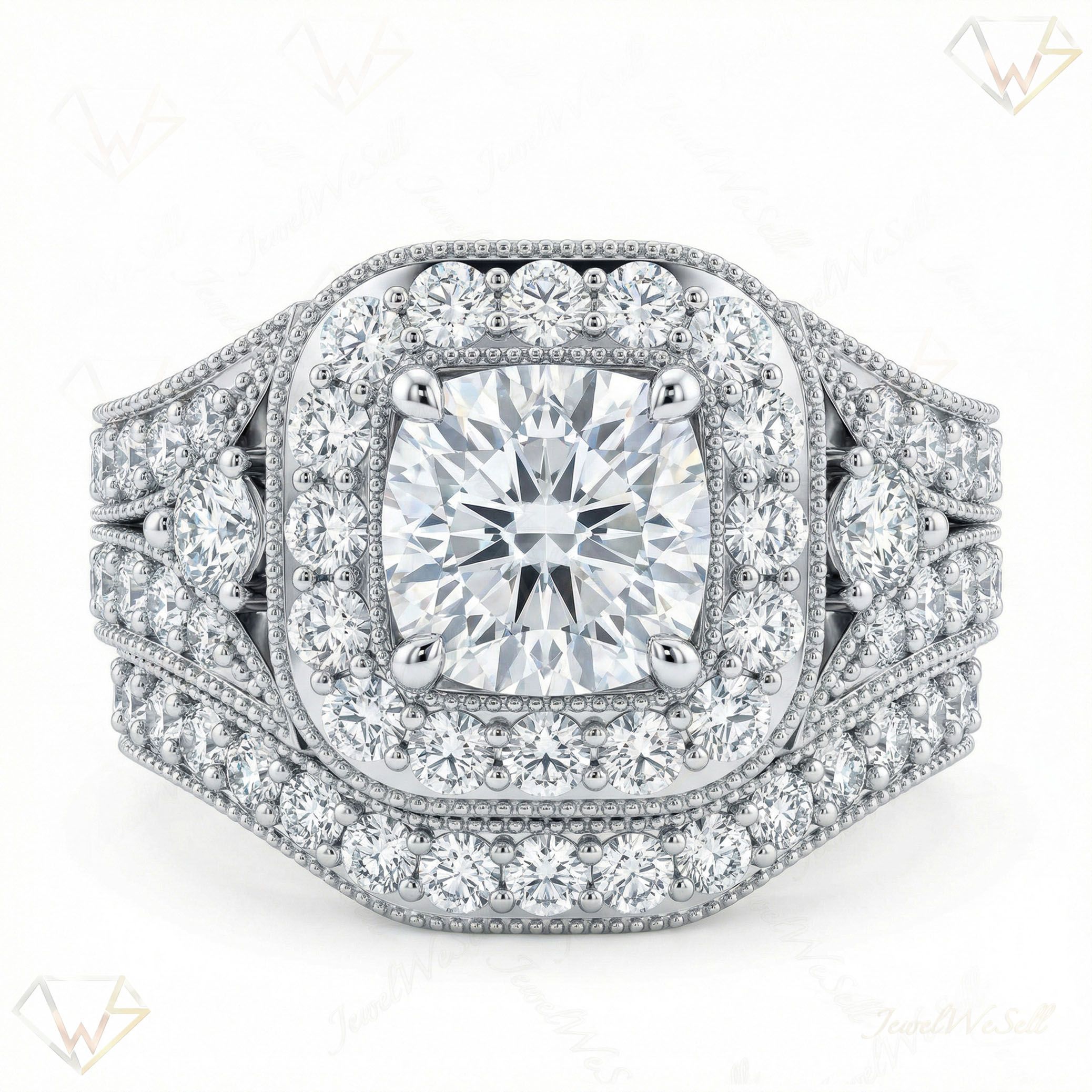 3.66 ct EF VS Moissanite Halo Engagement Set in 925 Sterling SIlver _ Sz0750 101802