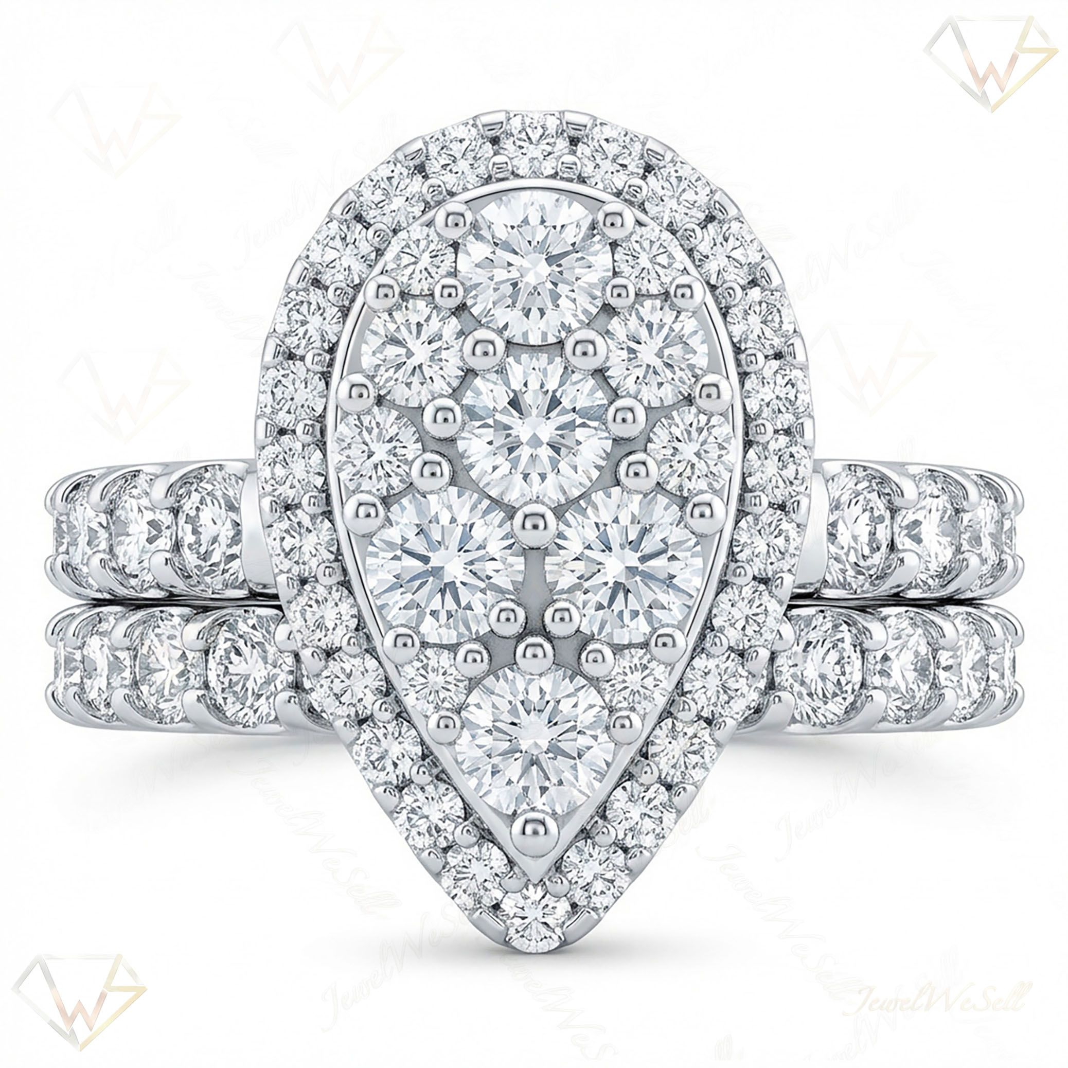 1.10 ct EF VS Moissanite Pear Cluster Engagement Set in 925 Sterling SIlver _ Sz0475 102994