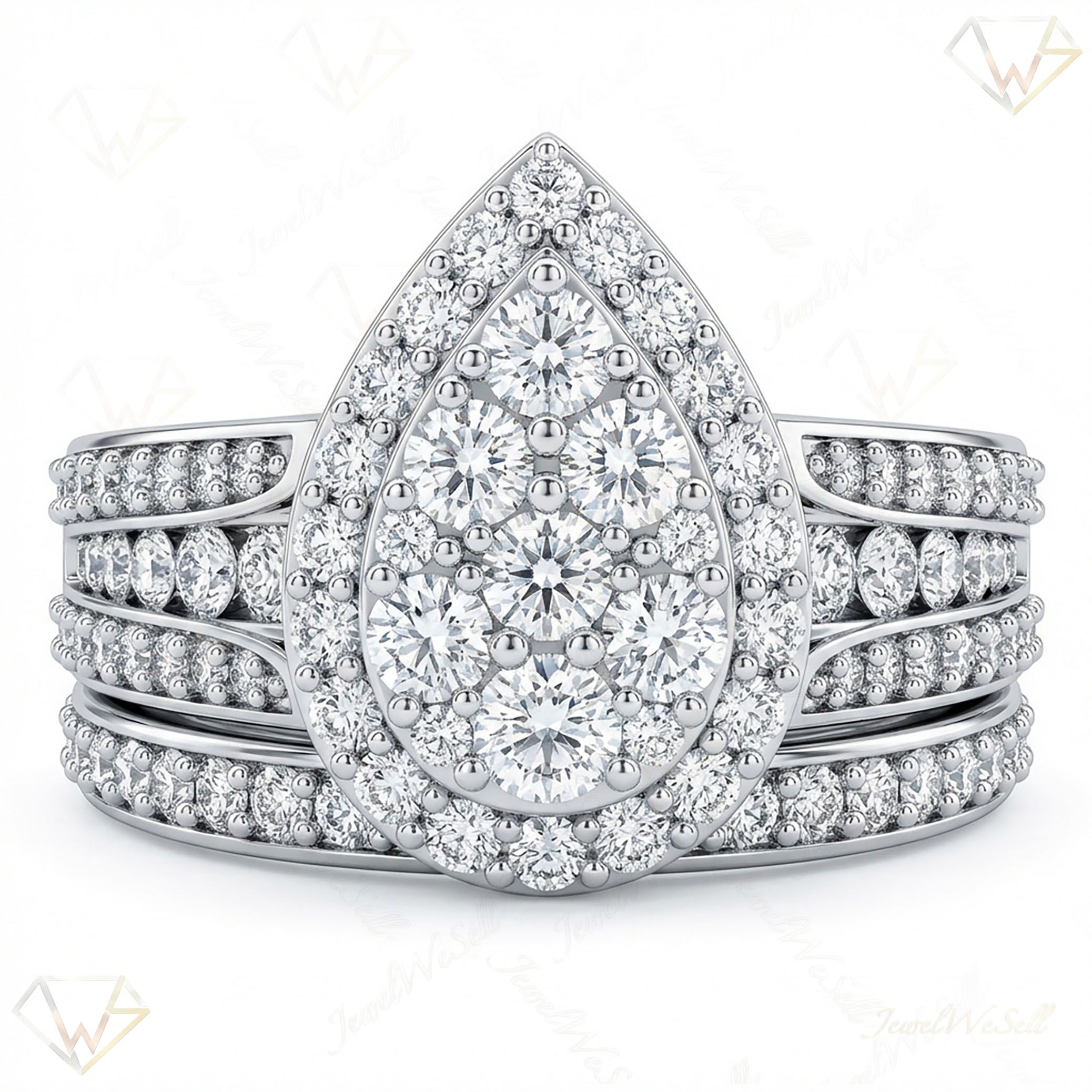 1.75 ct EF VS Moissanite Pear Cluster Engagement Set in 925 Sterling SIlver _ Sz0450 103407