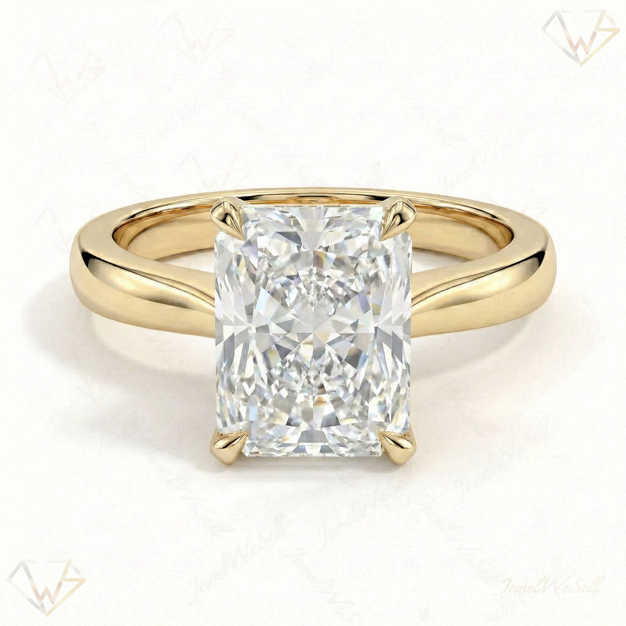 4.00 ct EF VS Lab Grown Diamond Radiant Cut Prong Set Solitaire Engagement Ring in 10k Yellow Gold
