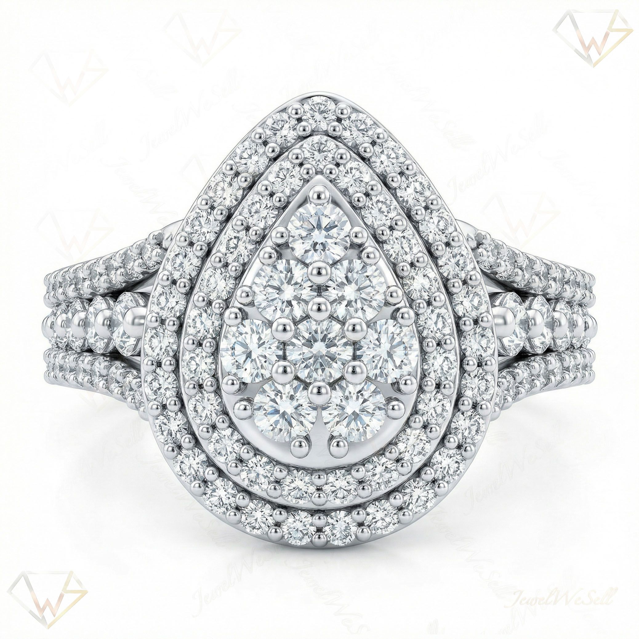 1.10 ct EF VS Moissanite Pear Cluster Engagement Ring in 925 Sterling SIlver _ Sz0625 6479