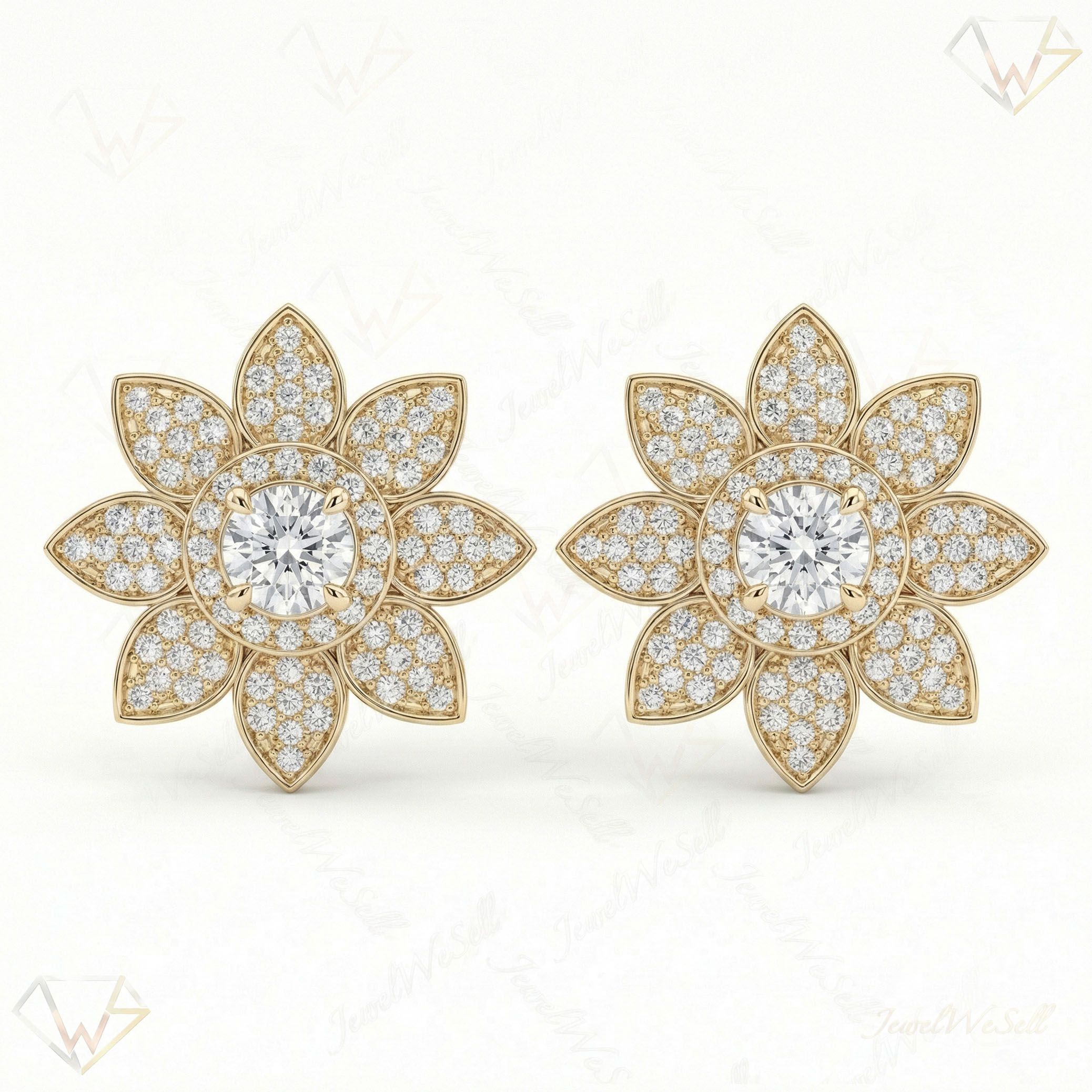 0.90 ct EF VS Lab Grown DIamond Flower Earrings in 14k Yellow Gold 14432