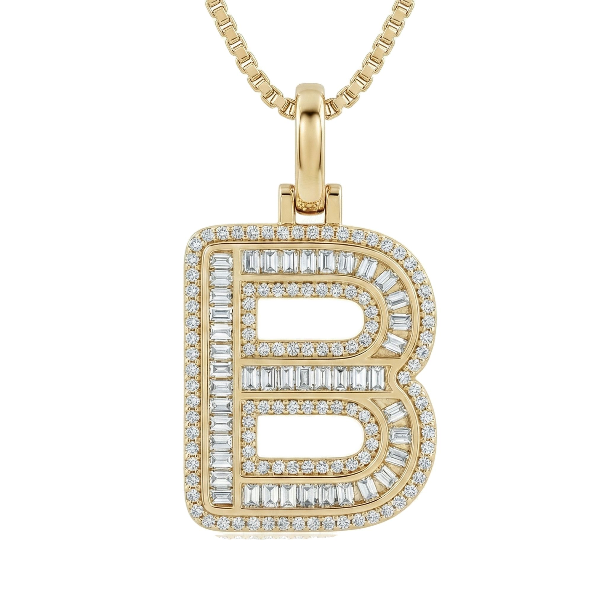 0.85 Ct EF VS Lab Grown Diamond B Micro Border Baguette Initial Pendant in 10k Yellow Gold 701898