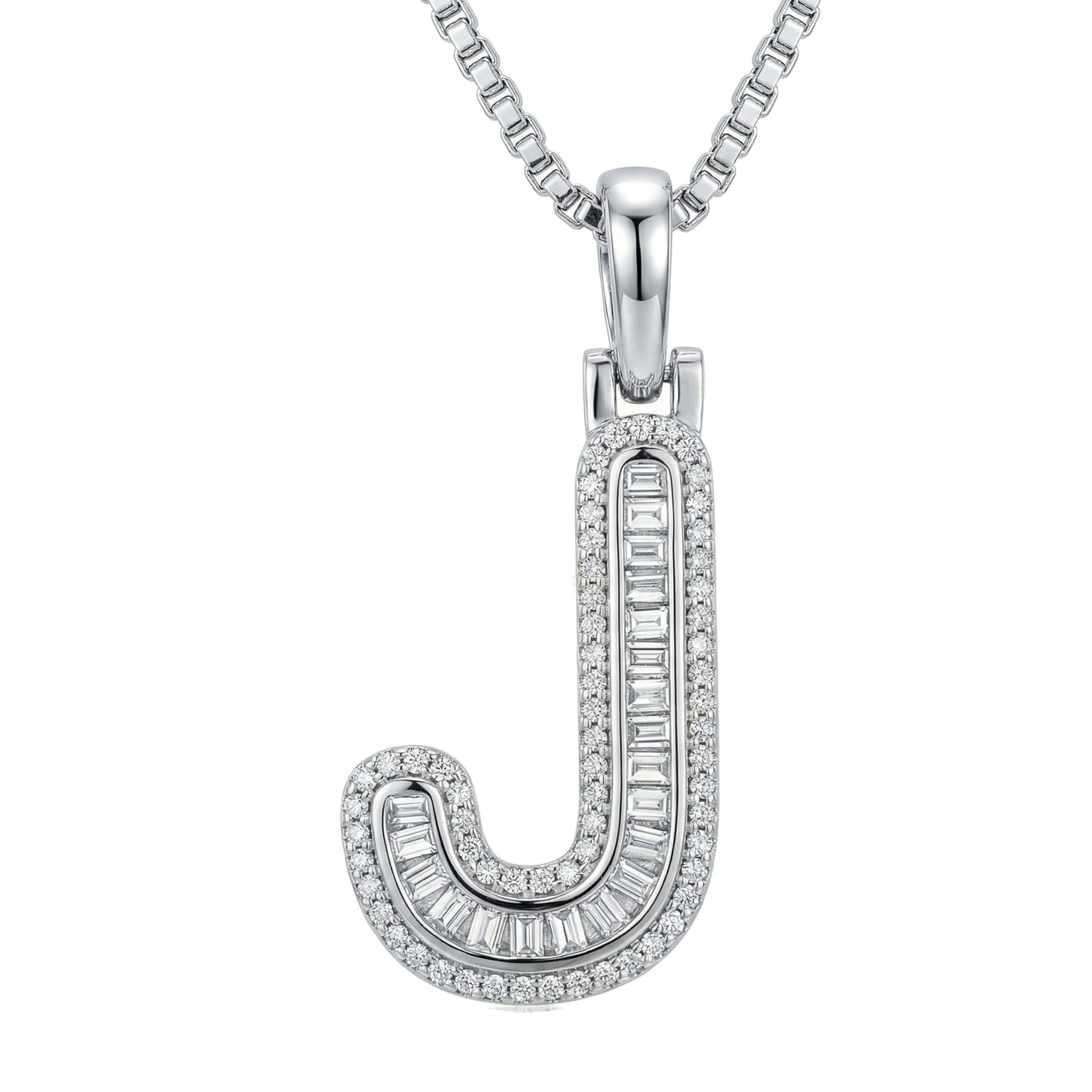 0.45 Ct EF VS Lab Grown Diamond J Micro Border Baguette Initial Pendant in 14k White Gold 701906