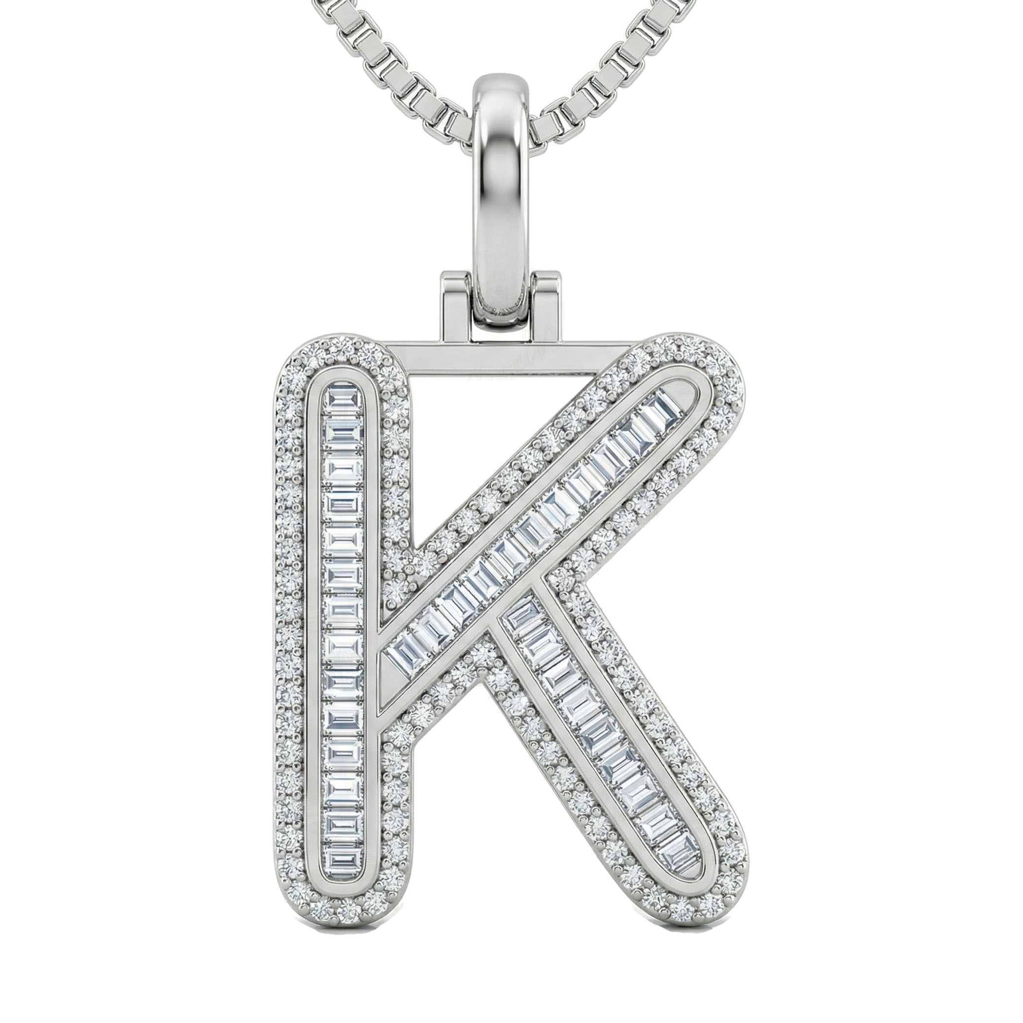 0.70 Ct EF VS Lab Grown Diamond K Micro Border Baguette Initial Pendant in 14k White Gold 701907
