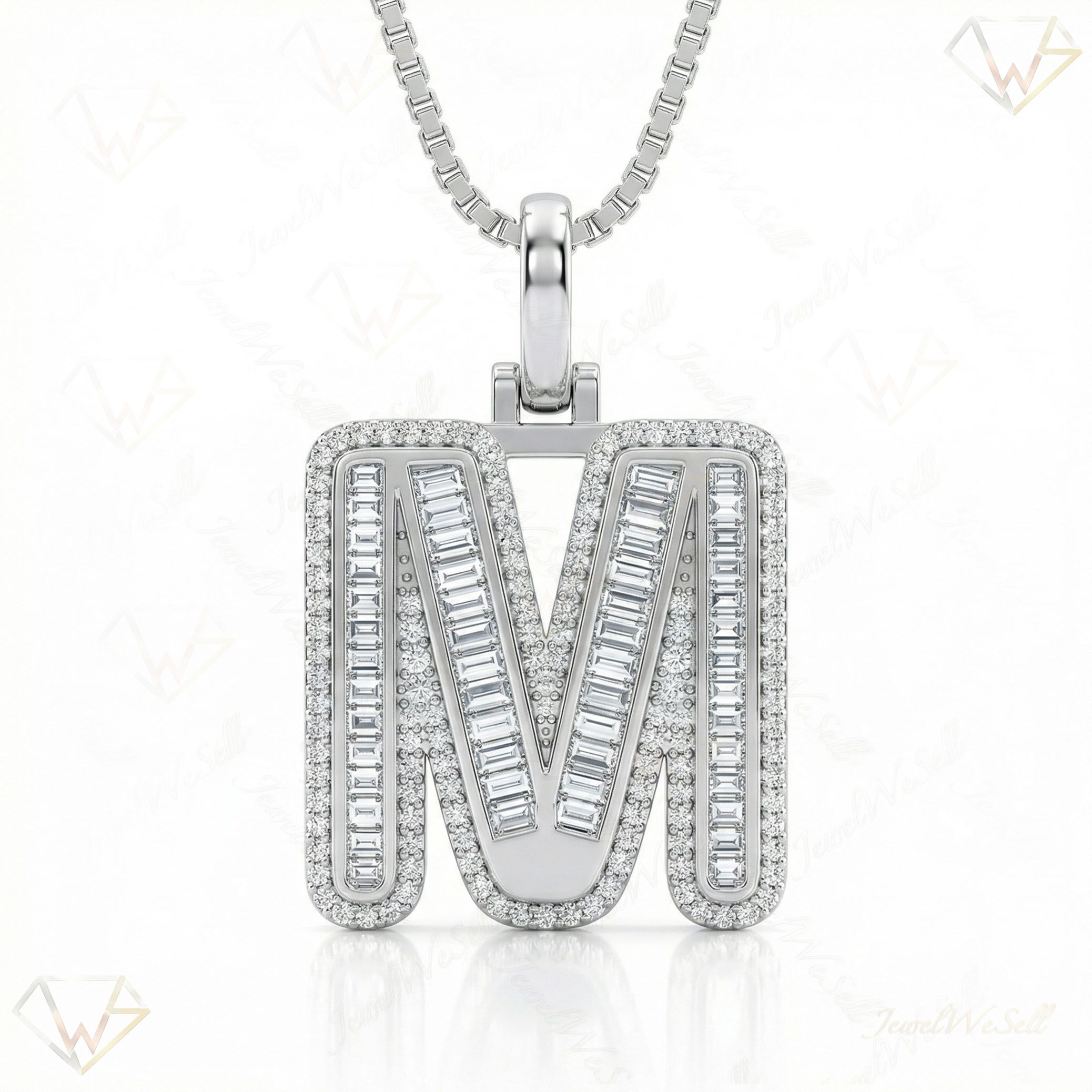 1.10 Ct EF VS Lab Grown Diamond M Micro Border Baguette Initial Pendant in 14k White Gold 701909