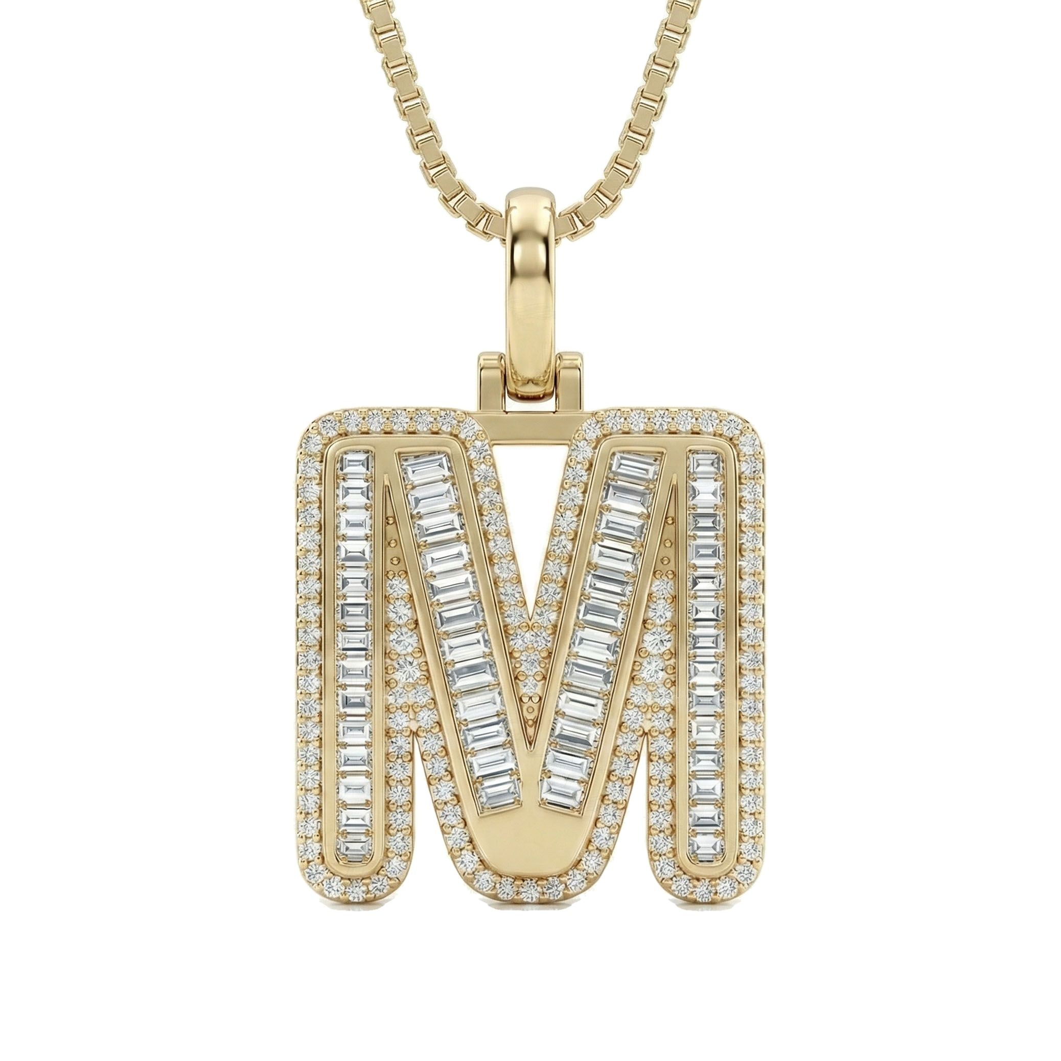 1.10 Ct EF VS Lab Grown Diamond M Micro Border Baguette Initial Pendant in 14k Yellow Gold 701909