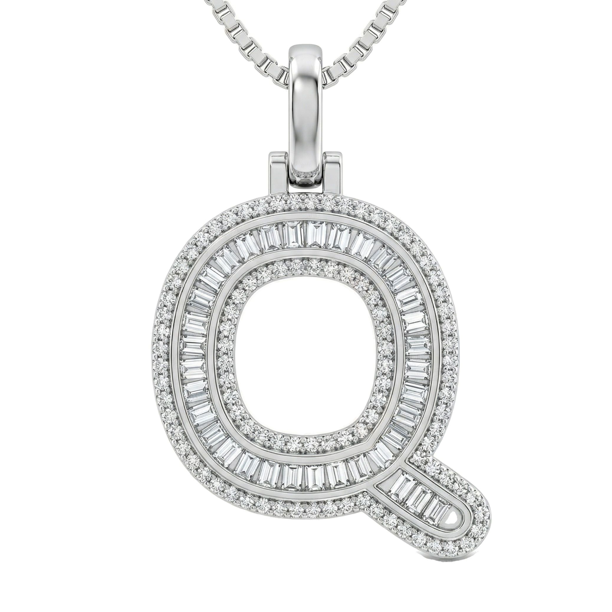 0.75 Ct EF VS Lab Grown Diamond Q Micro Border Baguette Initial Pendant in 10k White Gold 701913