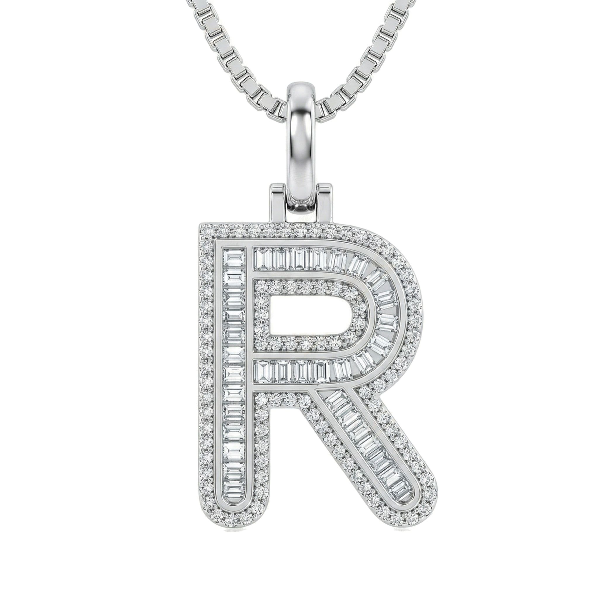 0.75 Ct EF VS Moissanite R Micro Border Baguette Initial Pendant in 925 Sterling Silver 701914
