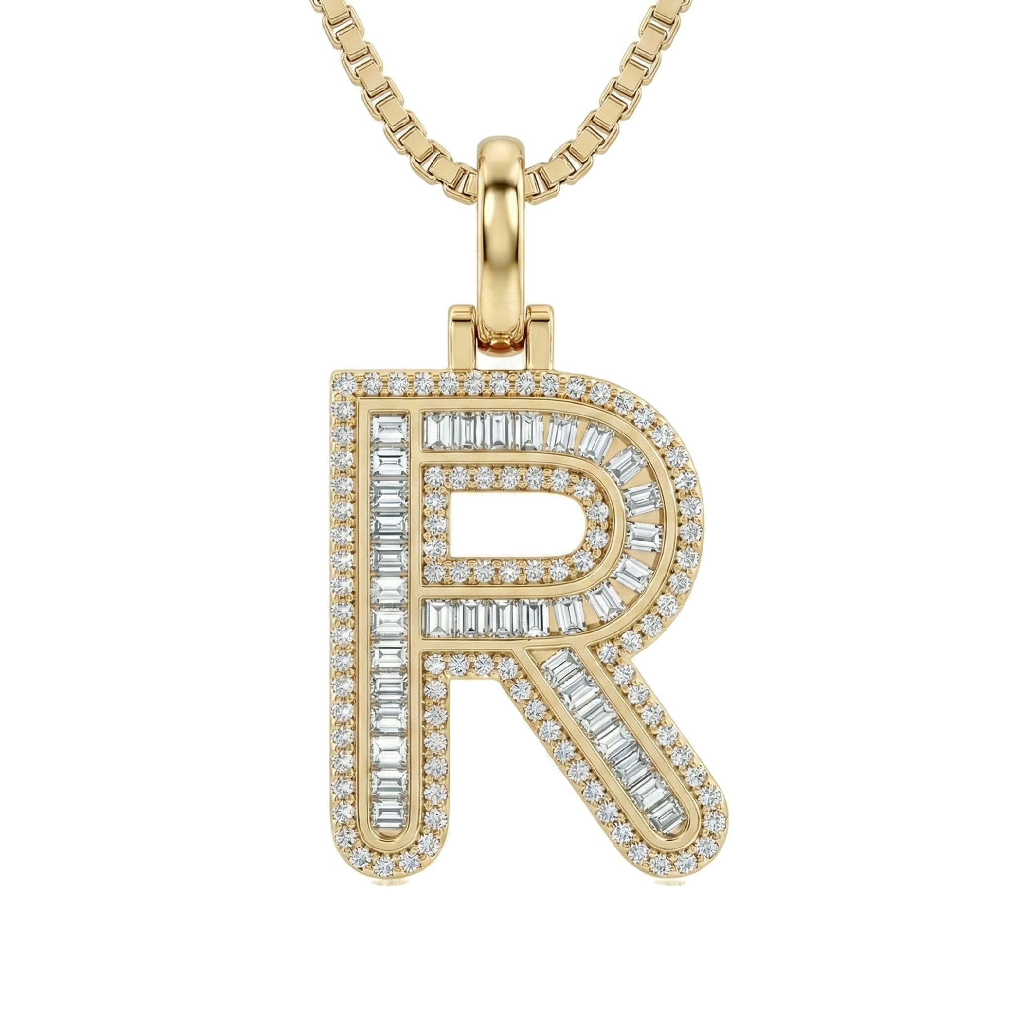 0.75 Ct EF VS Lab Grown Diamond R Micro Border Baguette Initial Pendant in 10k Yellow Gold 701914
