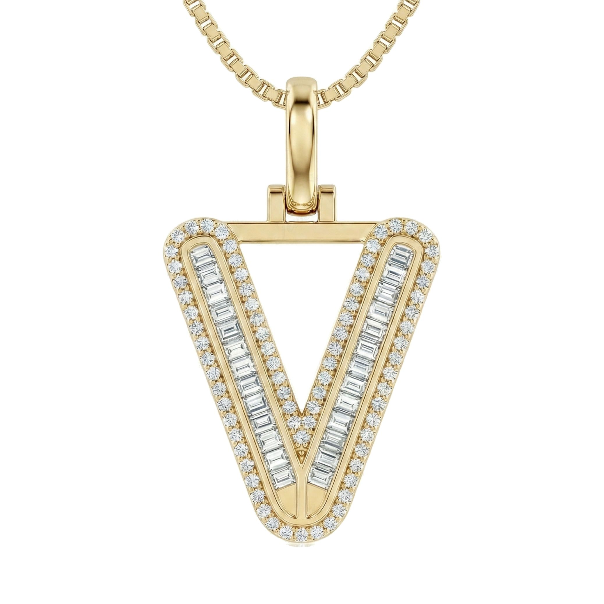 0.55 Ct EF VS Lab Grown Diamond V Micro Border Baguette Initial Pendant in 14k Yellow Gold 701918