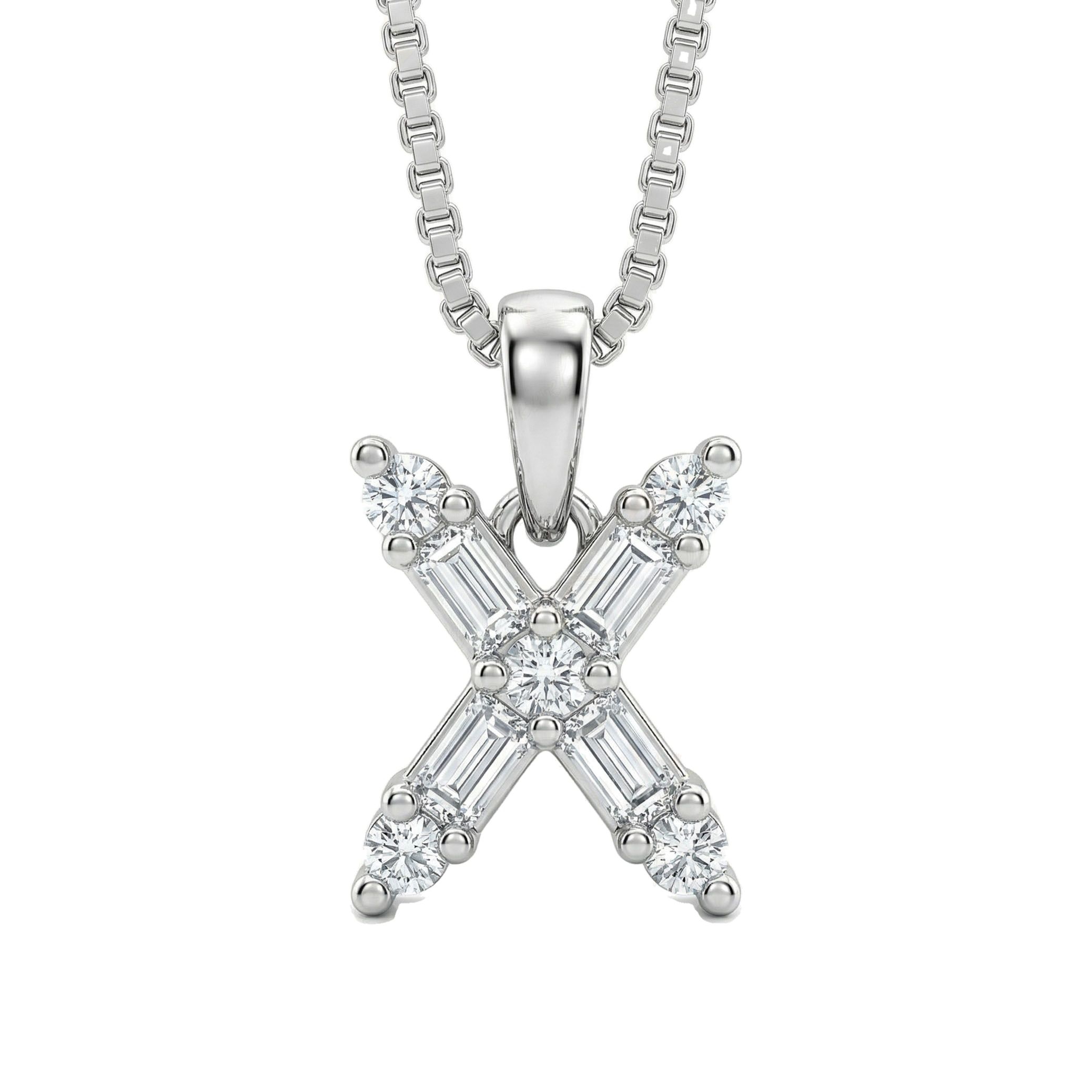 0.60 Ct EF VS Lab Grown Diamond X Micro Border Baguette Initial Pendant in 10k White Gold 701920