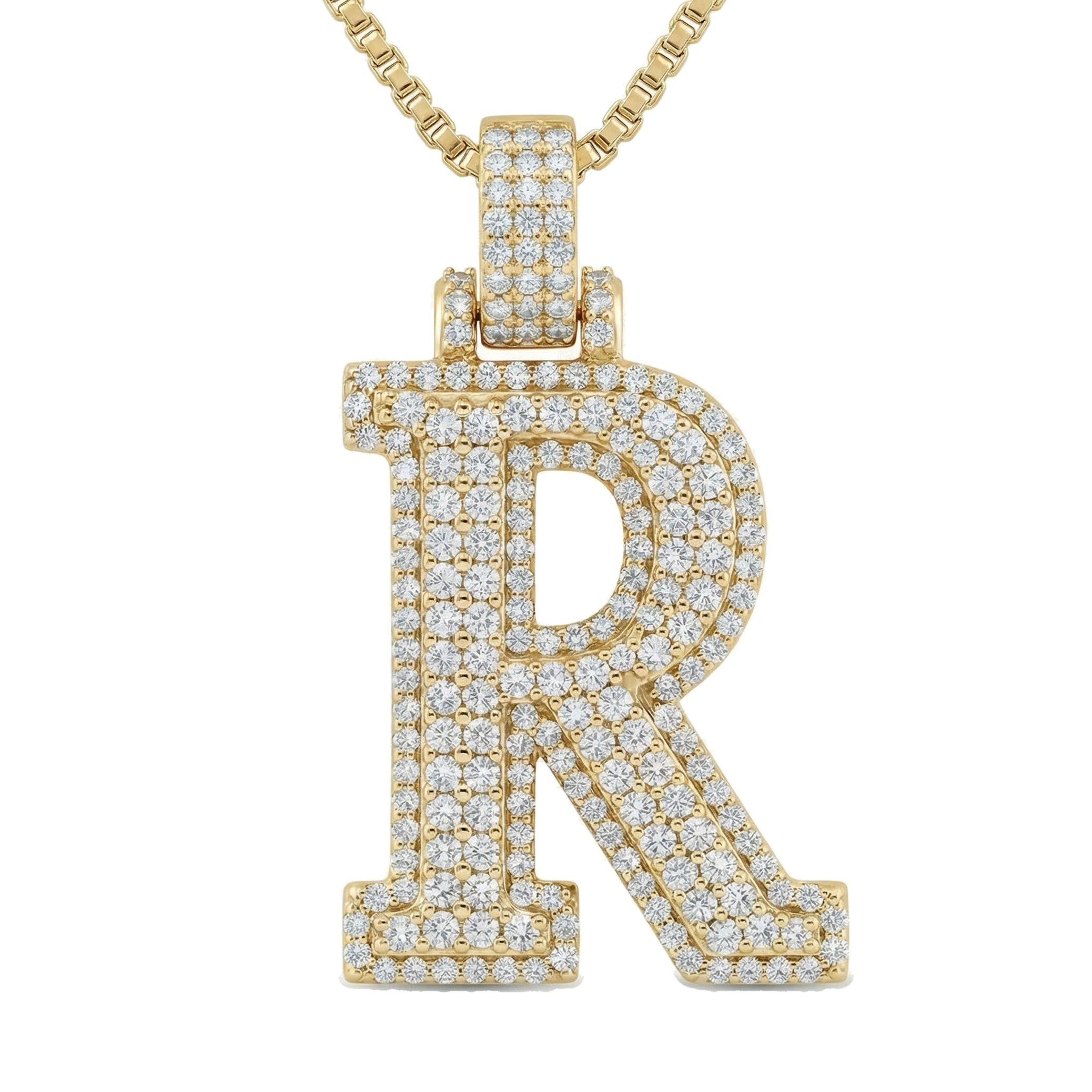 3.00 Ct EF VS Lab Grown Diamond R 2 Layer Pave 3D Initial Pendant in 14k Yellow Gold 702112