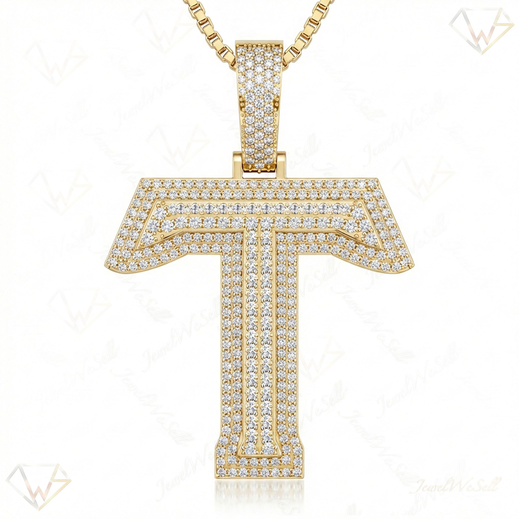 3.15 Ct EF VS Lab Grown Diamond T Double Row 3D Initial Pendant in 10k Yellow Gold 702140