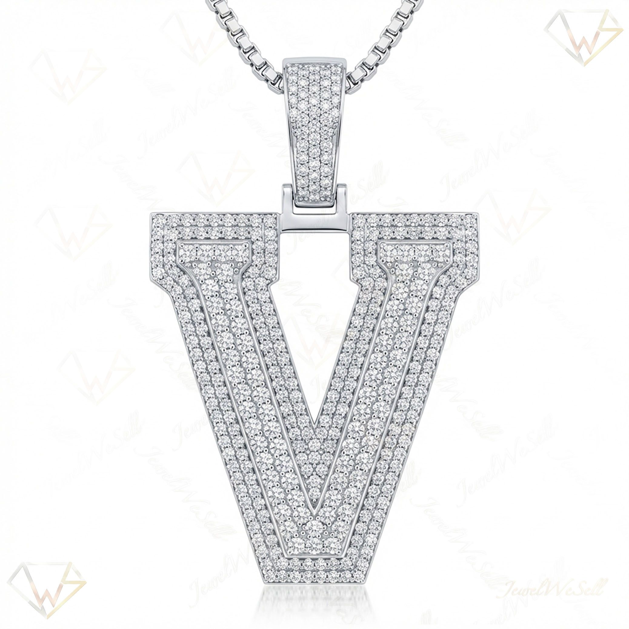 3.50 Ct EF VS Moissanite V Double Row 3D Initial Pendant in 925 Sterling Silver 702142