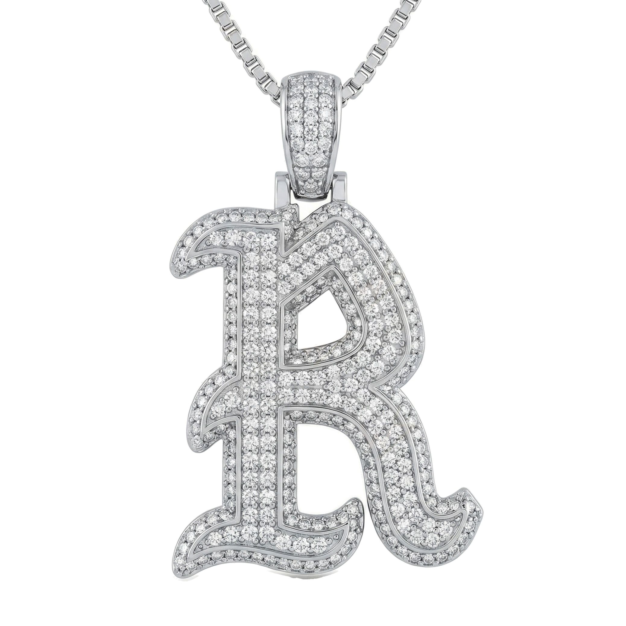 1.55 Ct EF VS Lab Grown Diamond R Old English Initial Pendant in 10k White Gold 702990