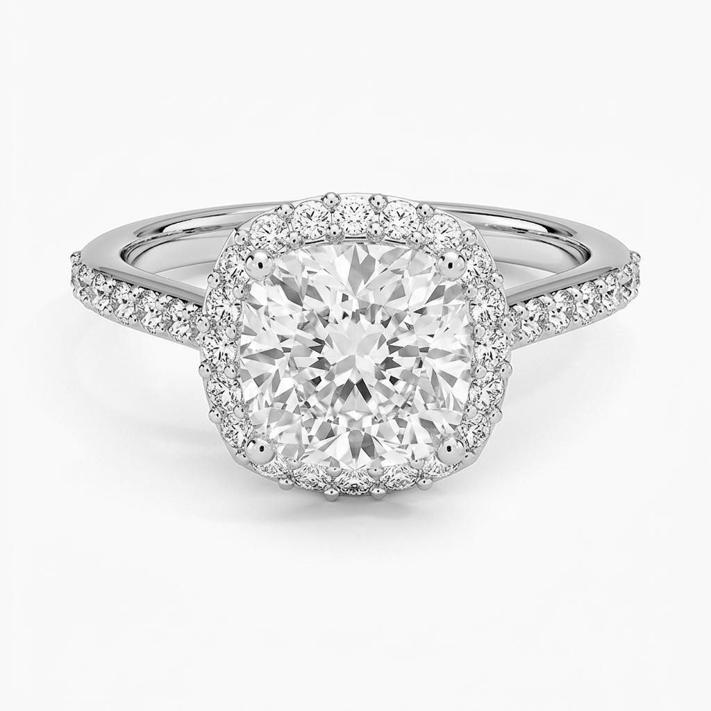 1.75 to 5.75 Carat Cushion Lab Grown Diamond Halo Engagement Ring in 14K Gold