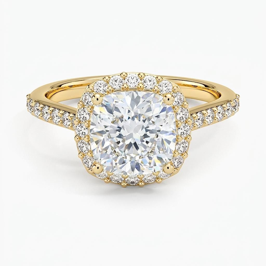 1.75 to 5.75 Carat Cushion Lab Grown Diamond Halo Engagement Ring in 14K Gold