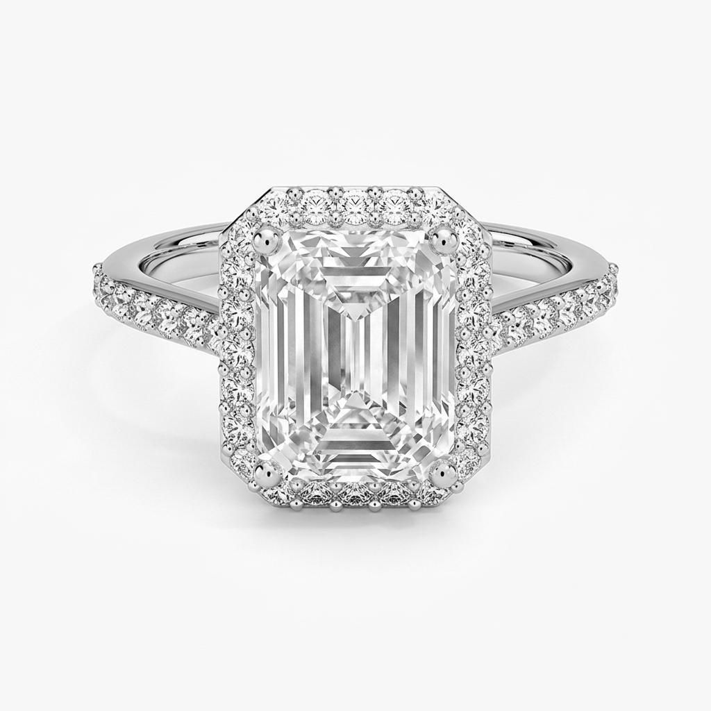 1.75 to 5.75 Carat Emerald Lab Grown Diamond Halo Engagement Ring in 14K Gold