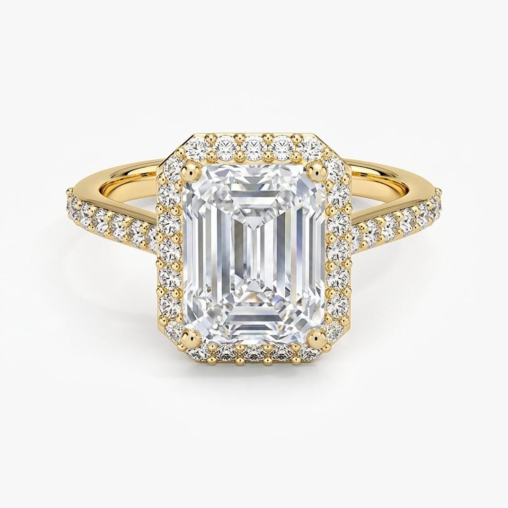 1.75 to 5.75 Carat Emerald Lab Grown Diamond Halo Engagement Ring in 14K Gold