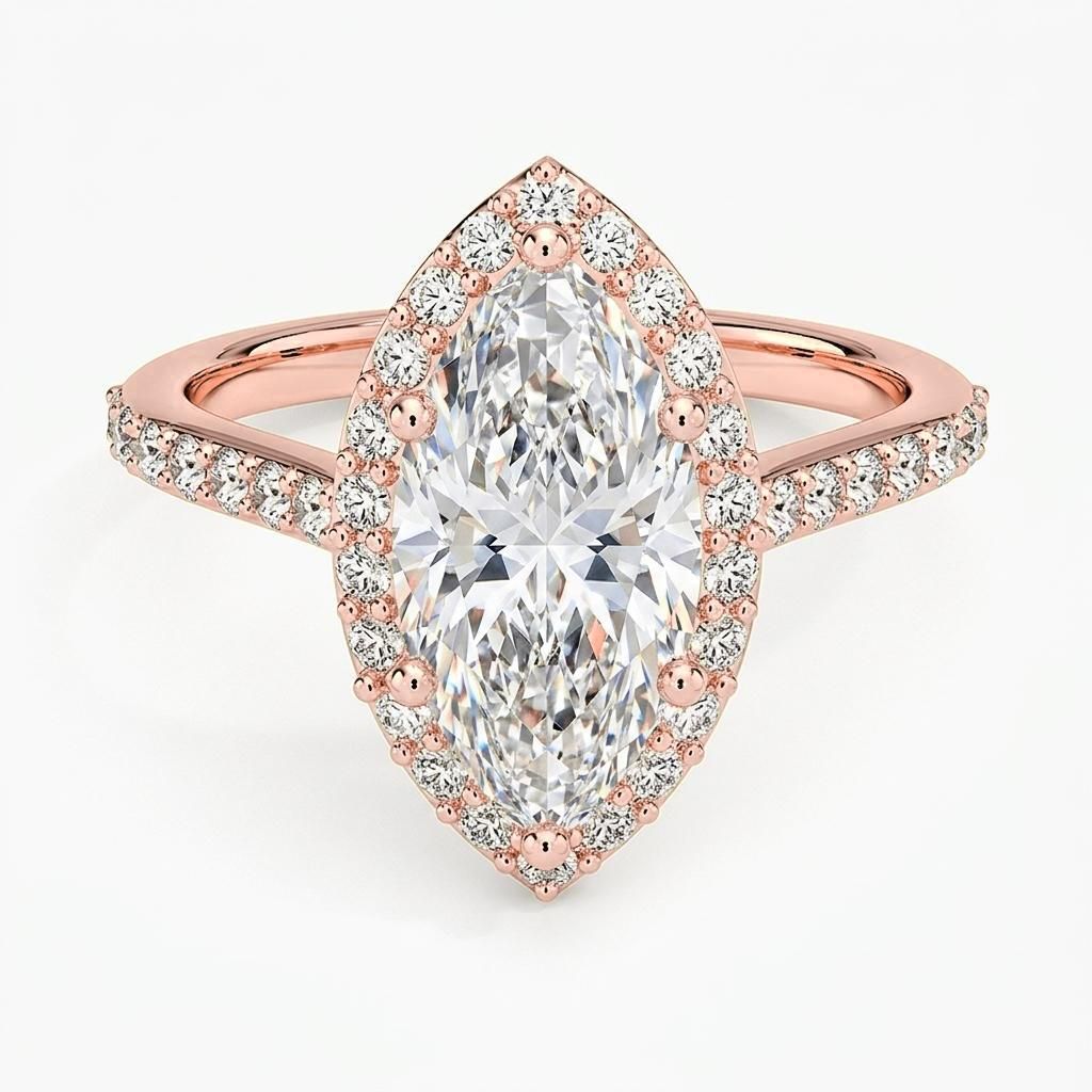 1.75 to 5.75 Carat Marquise Lab Grown Diamond Halo Engagement Ring in 14K Gold