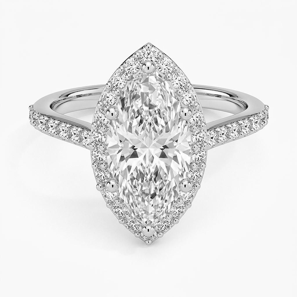 1.75 to 5.75 Carat Marquise Lab Grown Diamond Halo Engagement Ring in 14K Gold